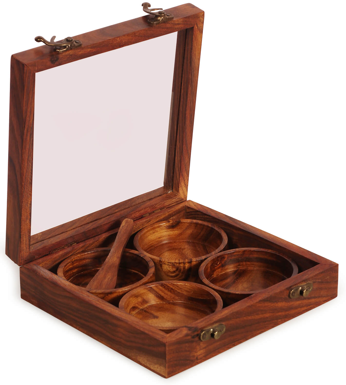 Artistry Bazaar 8"L X 8"W X 2.1"H Masala Box with 4  round bowls made with sheesham wood containers inside | Kitchen | Spice Container for Kitchen Wooden Masala Box | Spice Jar -Glass top