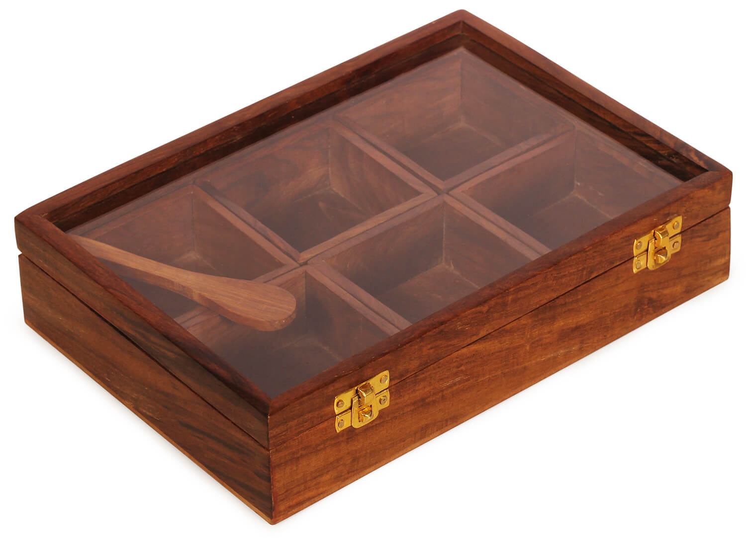 Aritstry Bazaar 11.5"L X 8"W X 2.8" H Masala Box with 6 square bowls containers inside | sheesham wood | Kitchen | Spice Container for Kitchen Wooden Masala Box | Spice Jar -Glass top
