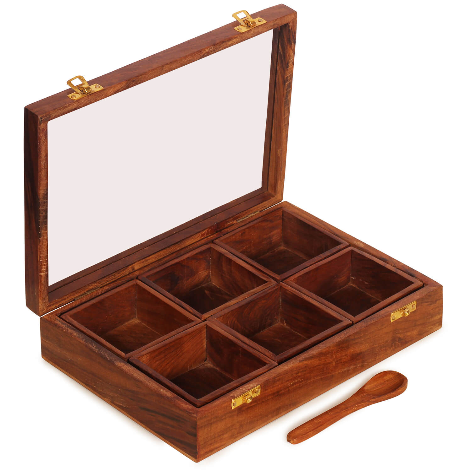 Aritstry Bazaar 11.5"L X 8"W X 2.8" H Masala Box with 6 square bowls containers inside | sheesham wood | Kitchen | Spice Container for Kitchen Wooden Masala Box | Spice Jar -Glass top
