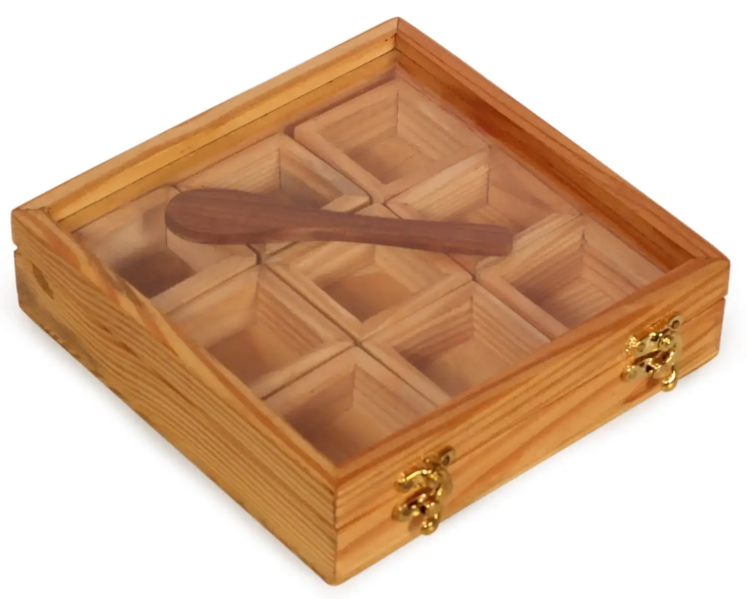 Artistry Bazaar 8"L X 8"W X 2.1"H Masala Box with 9 square bowls containers inside | Kitchen | Spice Container for Kitchen Wooden Masala Box | Spice Jar -Glass top