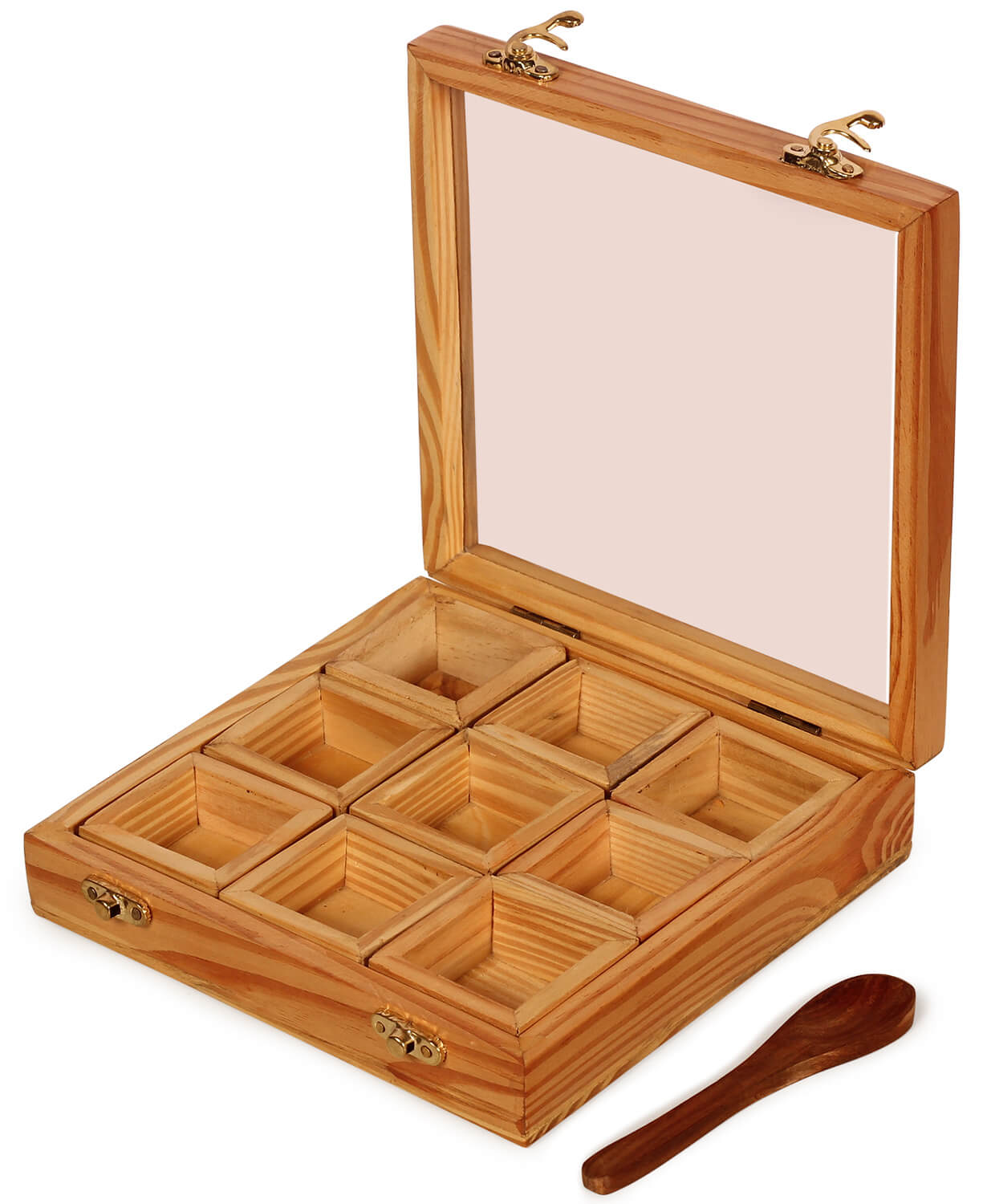 Artistry Bazaar 8"L X 8"W X 2.1"H Masala Box with 9 square bowls containers inside | Kitchen | Spice Container for Kitchen Wooden Masala Box | Spice Jar -Glass top