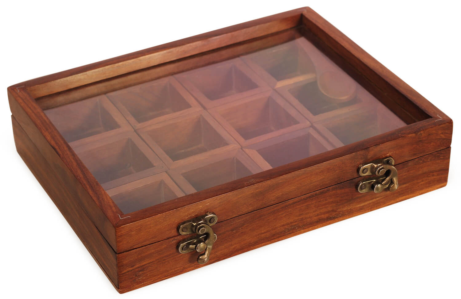 Artistry Bazaar 10"L X 8"W X 2.4"H Masala Box with 12 square bowls containers inside | Sheesham wood | Kitchen | Spice Container for Kitchen Wooden Masala Box | Spice Jar -Glass top