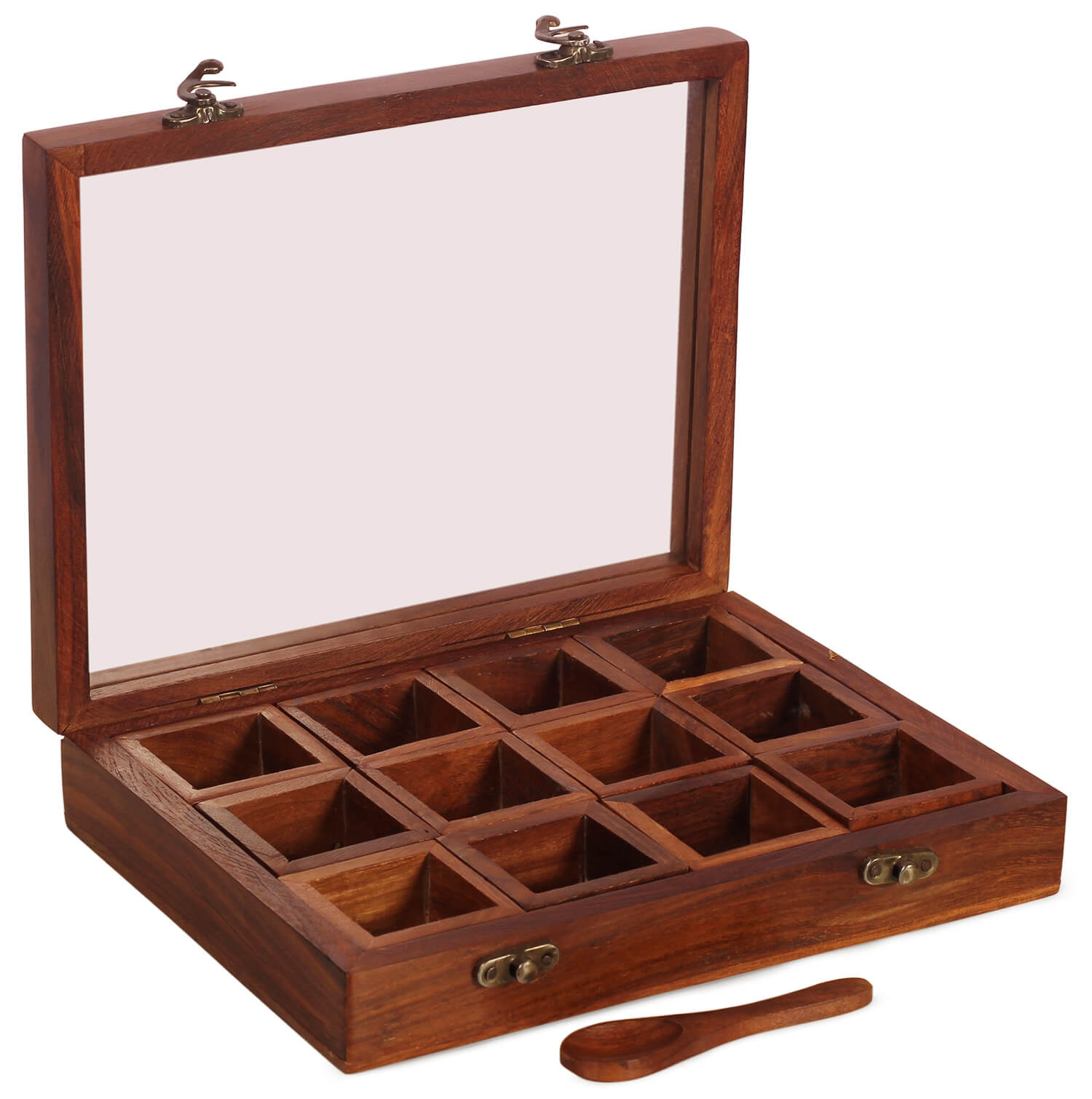 Artistry Bazaar 10"L X 8"W X 2.4"H Masala Box with 12 square bowls containers inside | Sheesham wood | Kitchen | Spice Container for Kitchen Wooden Masala Box | Spice Jar -Glass top