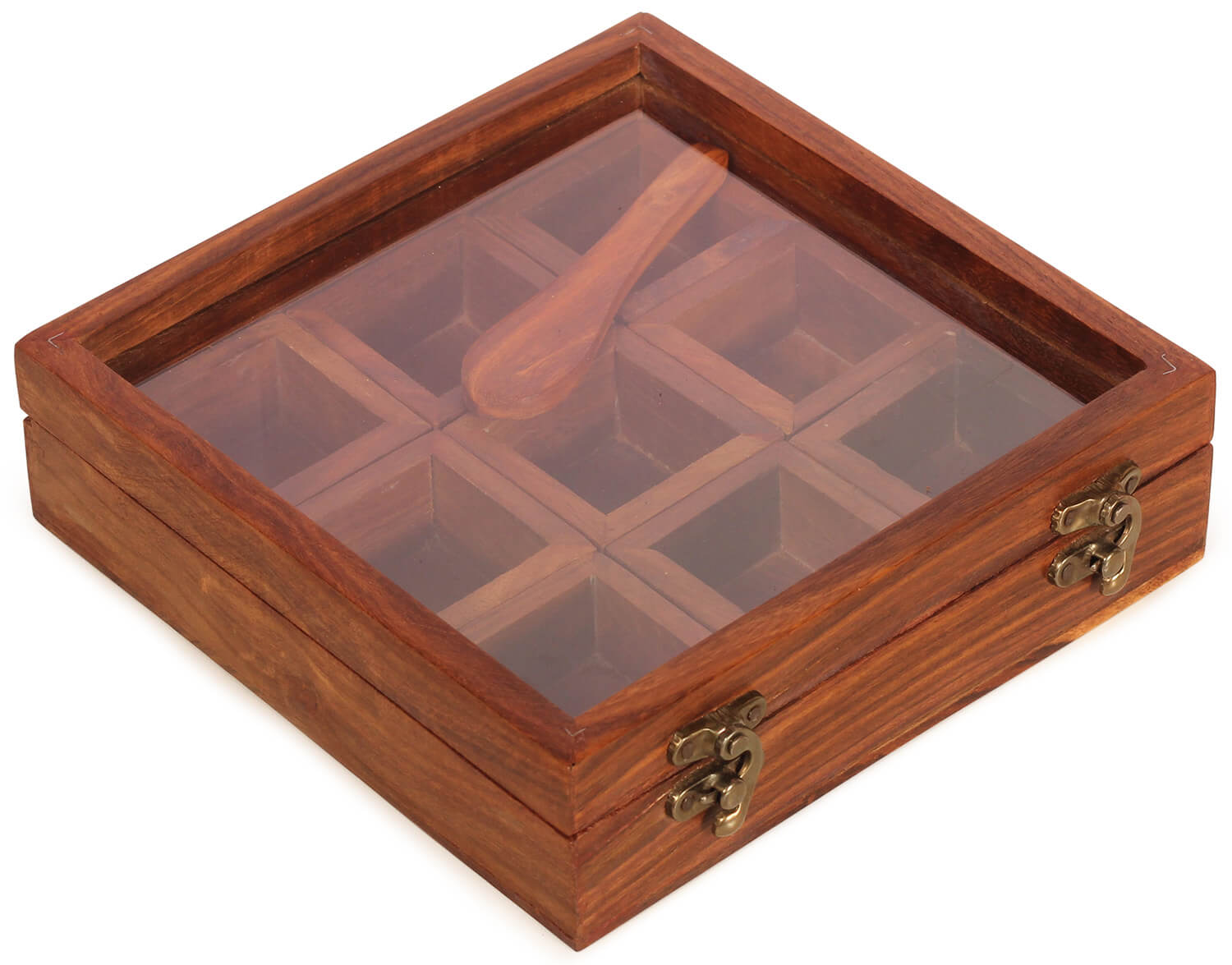 Artistry Bazaar 8"L X 8"W X 2.4" H Masala Box with 12 square bowls containers inside | Sheesham Wood | Kitchen | Spice Container for Kitchen Wooden Masala Box | Spice Jar -Glass top
