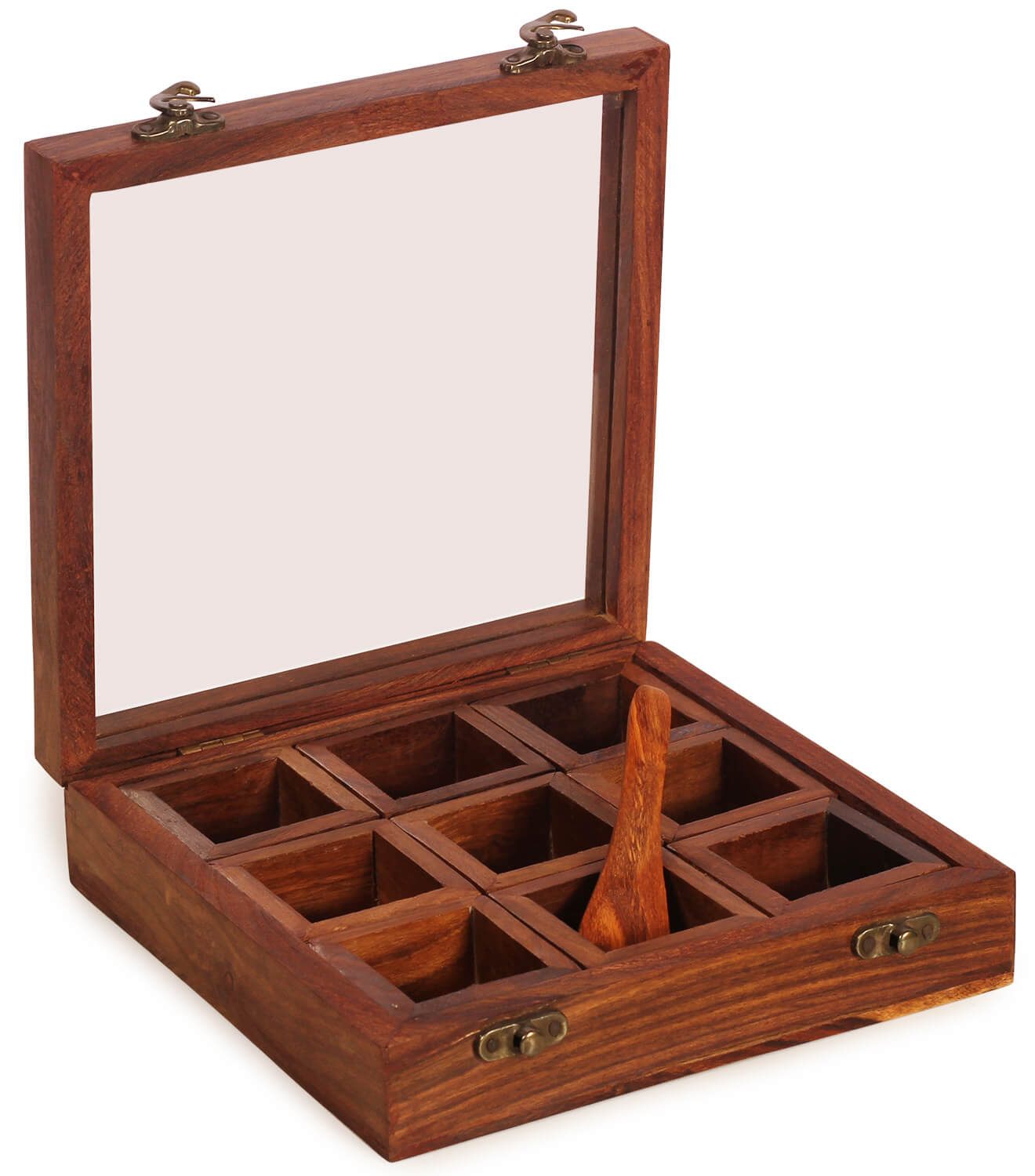 Artistry Bazaar 8"L X 8"W X 2.4" H Masala Box with 12 square bowls containers inside | Sheesham Wood | Kitchen | Spice Container for Kitchen Wooden Masala Box | Spice Jar -Glass top