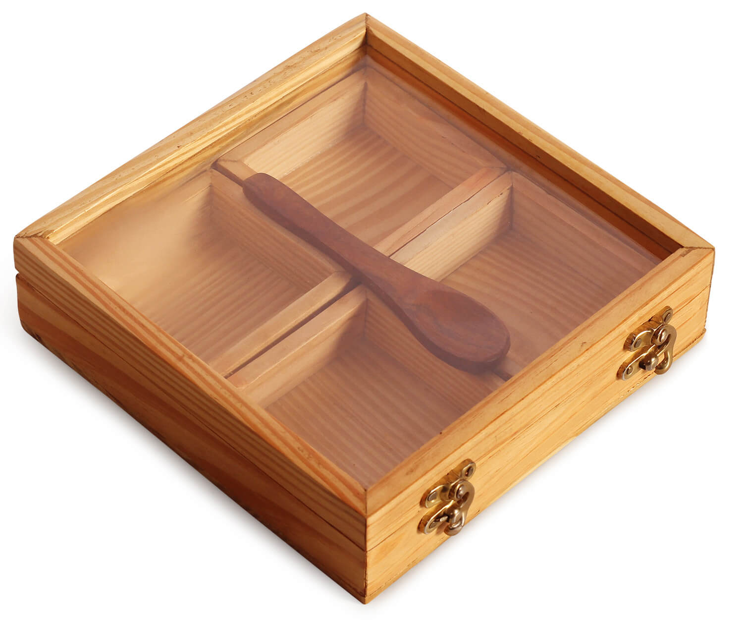 Artistry Bazaar 8" L X 8"W X 2"H Masala Box with 4 square bowls  containers inside | Kitchen  pine wood | Spice Container for Kitchen Wooden Masala Box | Spice Jar -Glass top