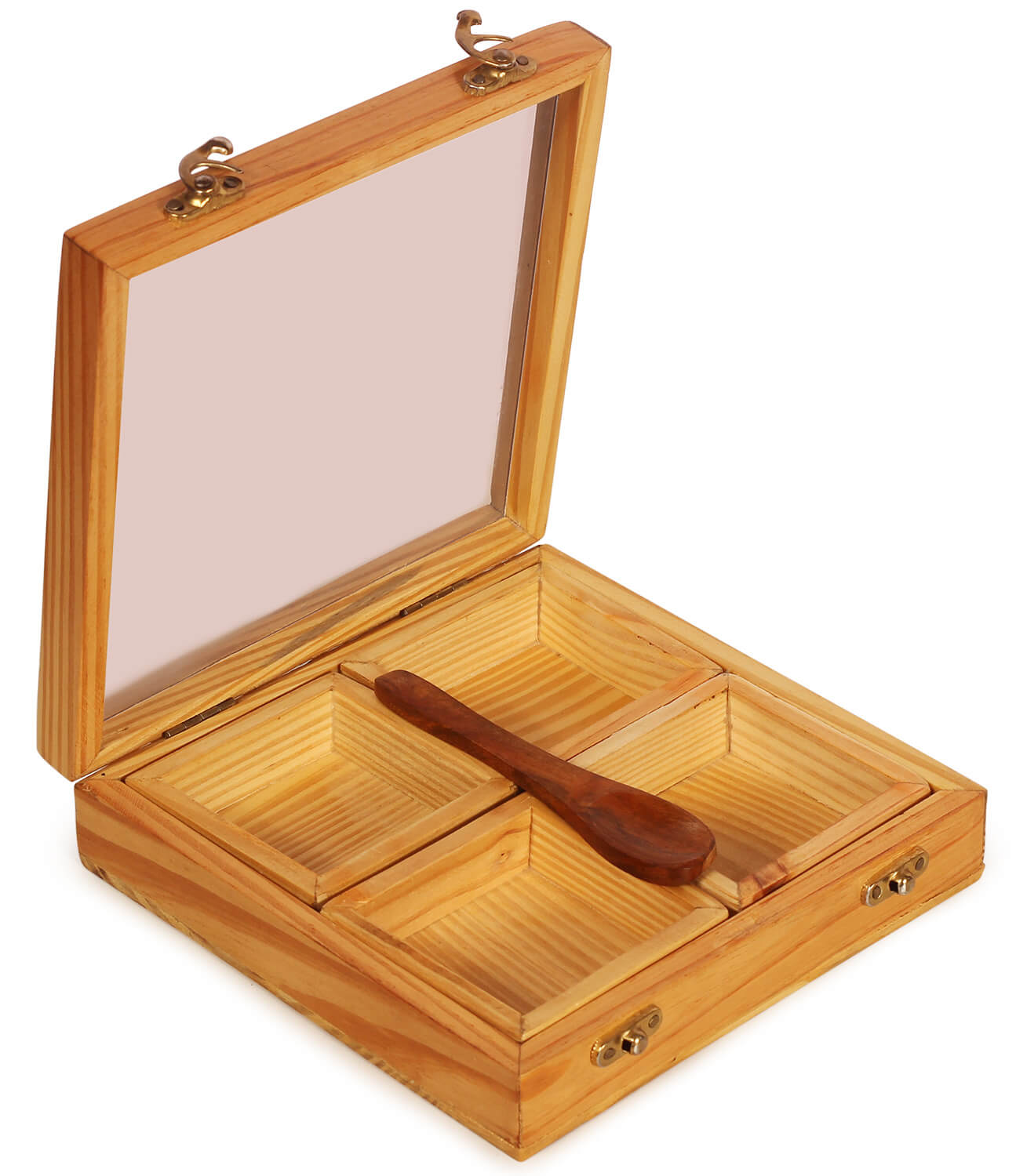 Artistry Bazaar 8" L X 8"W X 2"H Masala Box with 4 square bowls  containers inside | Kitchen  pine wood | Spice Container for Kitchen Wooden Masala Box | Spice Jar -Glass top