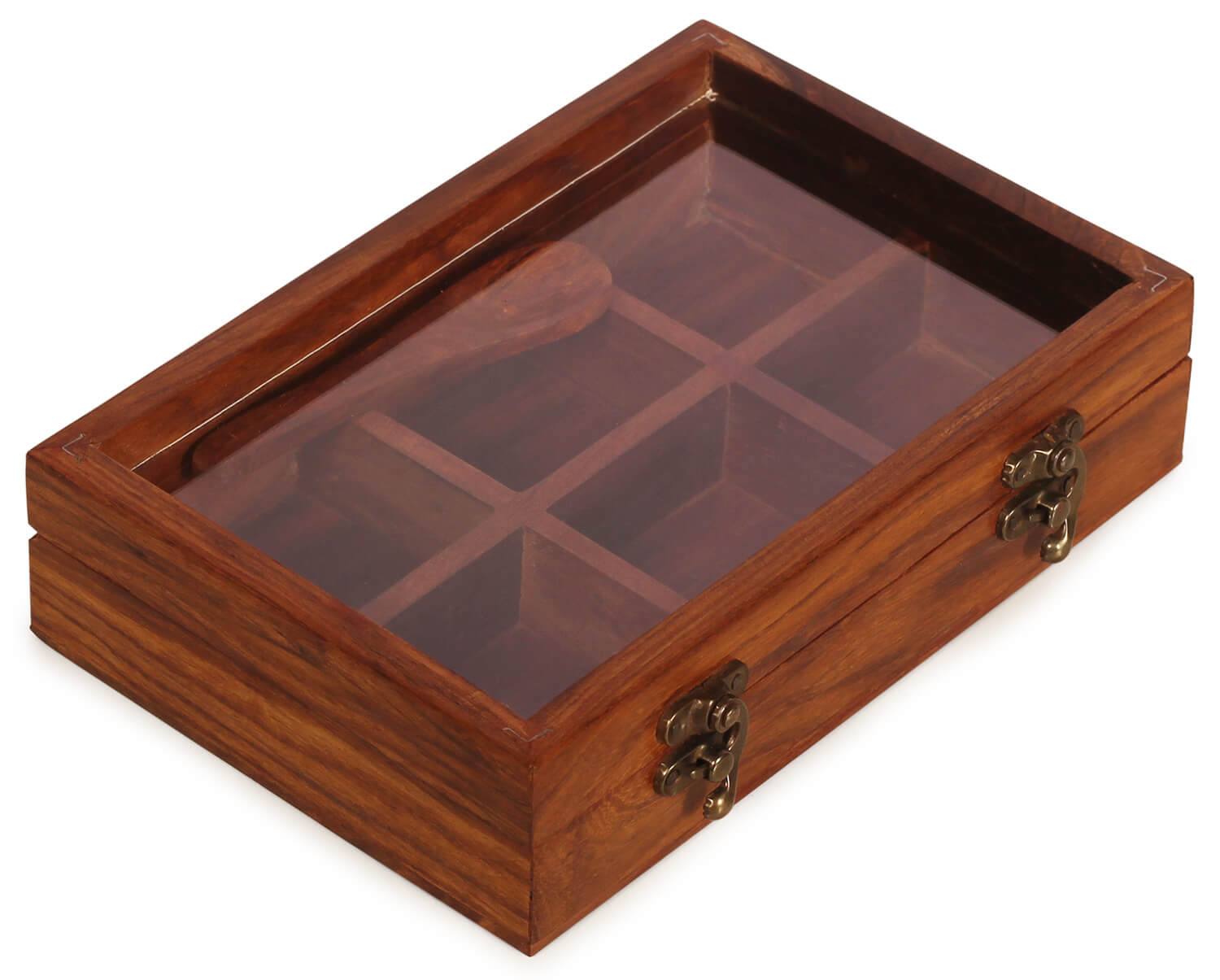 Artistry Bazaar 8" L X 6"W X 2"H Masala Box with 6 square bowls  containers inside | Sheesham wood| Kitchen | Spice Container for Kitchen Wooden Masala Box | Spice Jar -Glass top