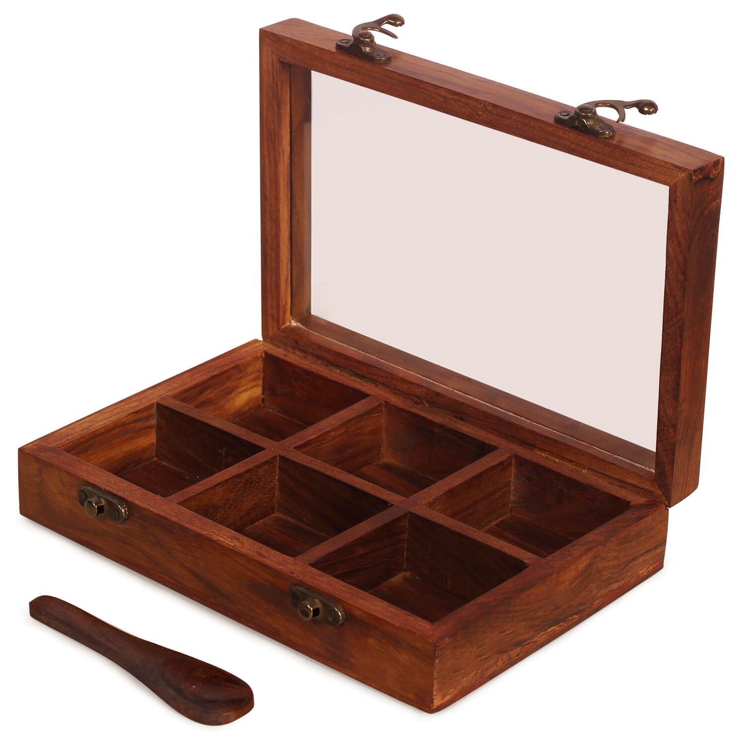 Artistry Bazaar 8" L X 6"W X 2"H Masala Box with 6 square bowls  containers inside | Sheesham wood| Kitchen | Spice Container for Kitchen Wooden Masala Box | Spice Jar -Glass top