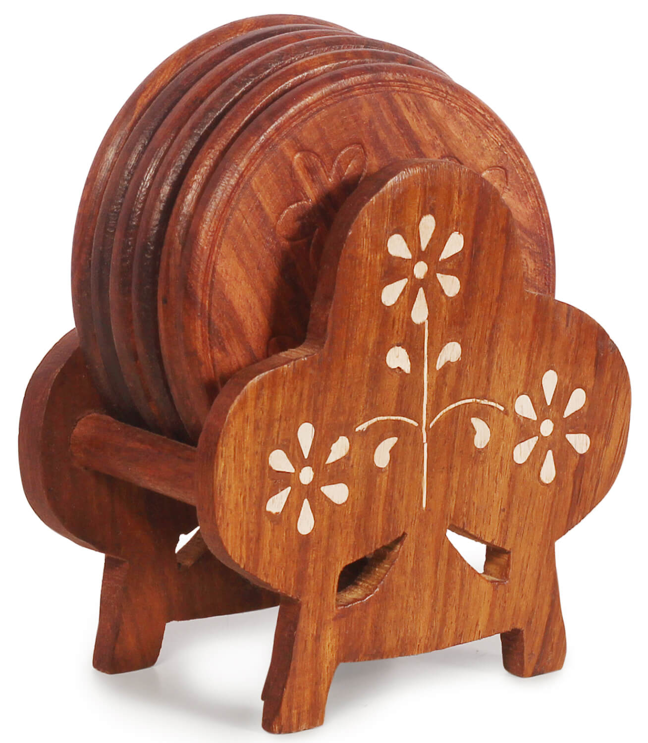 ArtistryBazaar 2"WX3.5"H handcrafted wooden round  brown six set coasters with inside white acrylic flower for glasses tea cup dining office table