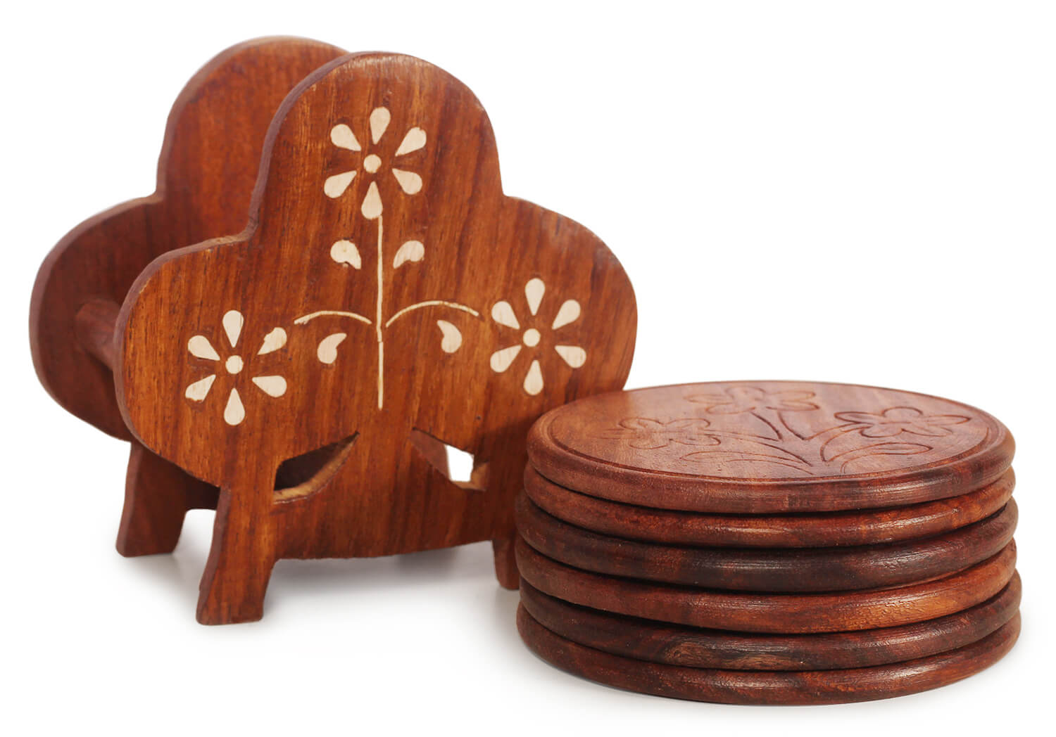 ArtistryBazaar 2"WX3.5"H handcrafted wooden round  brown six set coasters with inside white acrylic flower for glasses tea cup dining office table