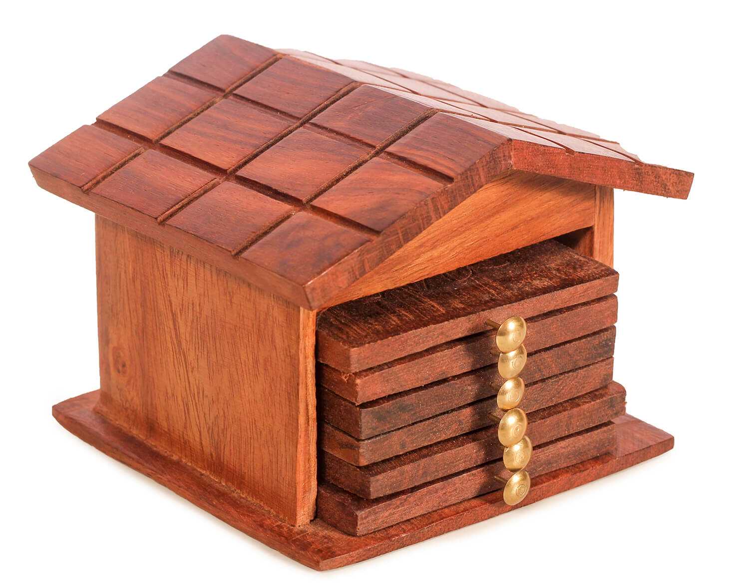 ArtistryBazaar 4"W X 3.5"H handcrafted wooden hut square box  brown six set coasters with  for glasses tea cup  dining office table