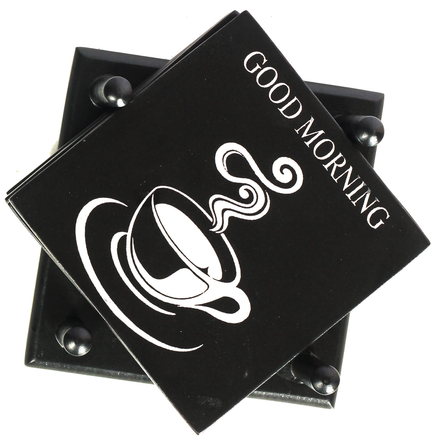 ArtistryBazaar 4"W X 3.5"H handcrafted wooden printed goodmorning painted   black white  six set coasters with  for glasses tea cup  dining office table 