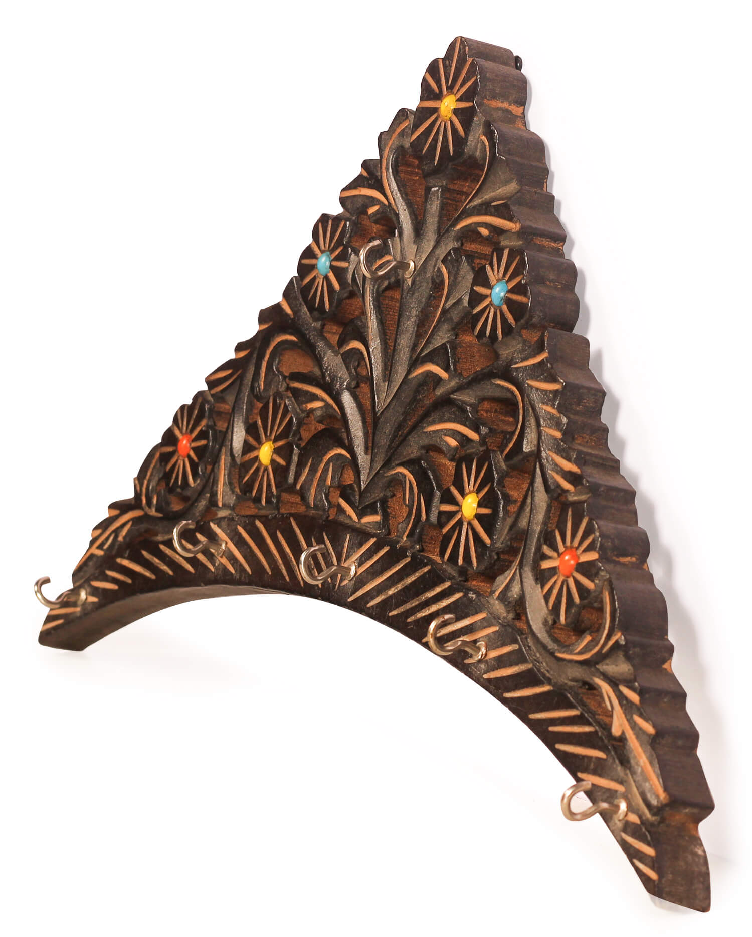 ArtistryBazaar 6.5"H X 0.5"W wooden  handcrafted tree leaf branches colourful beads key hanger holder with 7 hooks  for home office showpiece wall décor