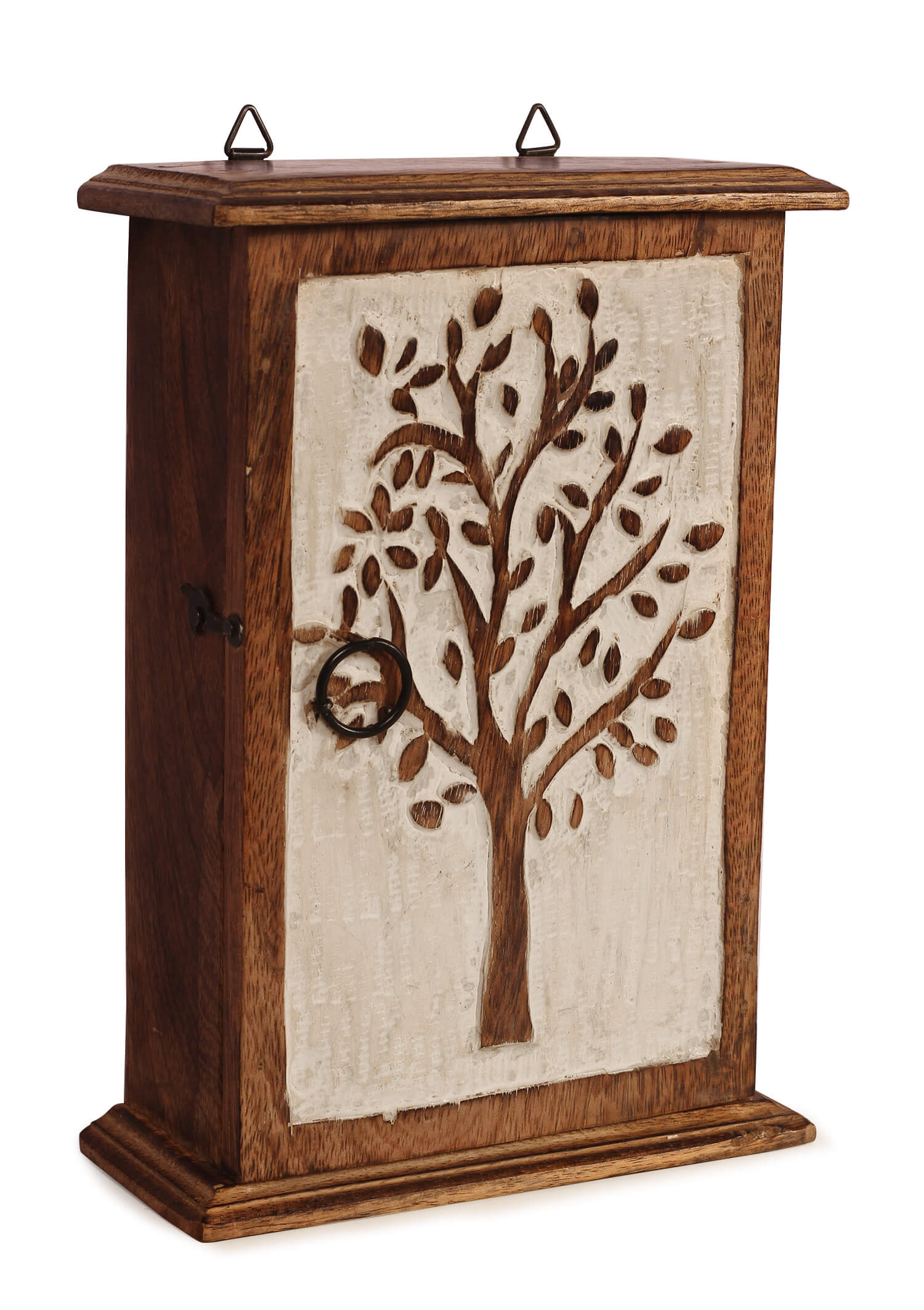 ArtistryBazaar 9.4"H X 0.4"W wooden  handcrafted life of tree leaf branches box key hanger holder with open inside 6 hooks  for home office showpiece wall décor