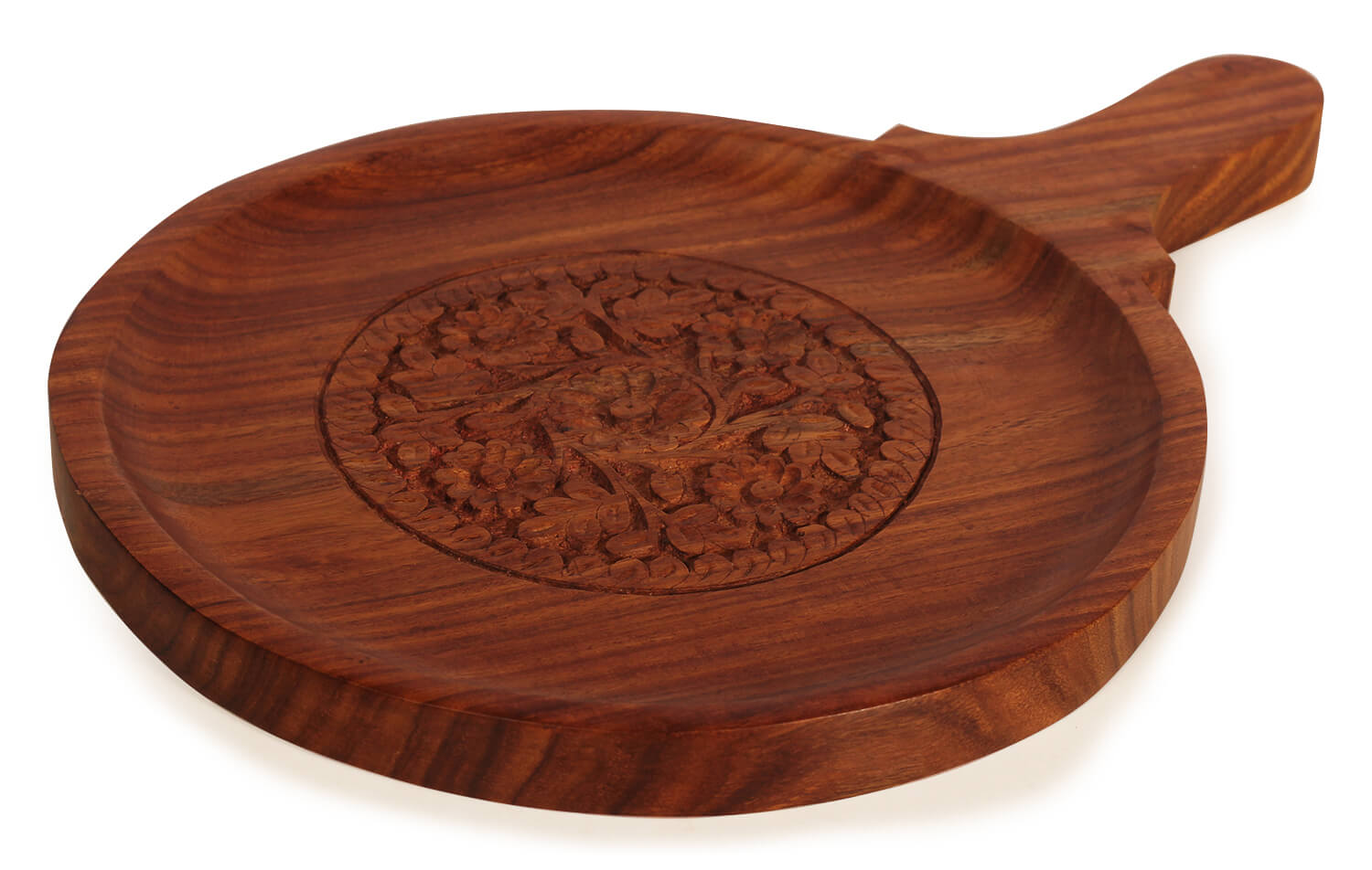 ArtistryBazaar 1"H X 10"W  handcrafted carved flower design wooden pizza platter pan serving tray with handle for kitchen resturant  