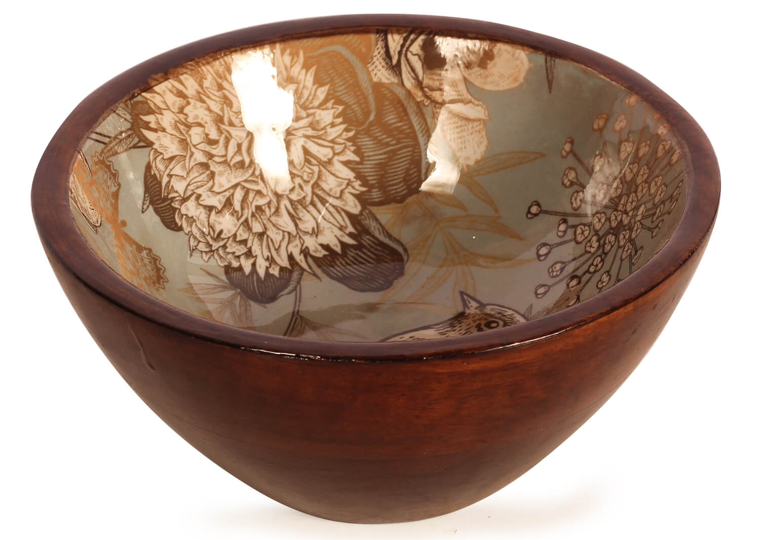 ArtistryBazaar 2.5"HX7.5"W handmade wooden dry fruit serving snacks bowl with decaling print  with bird enamel design for home office kitchen 