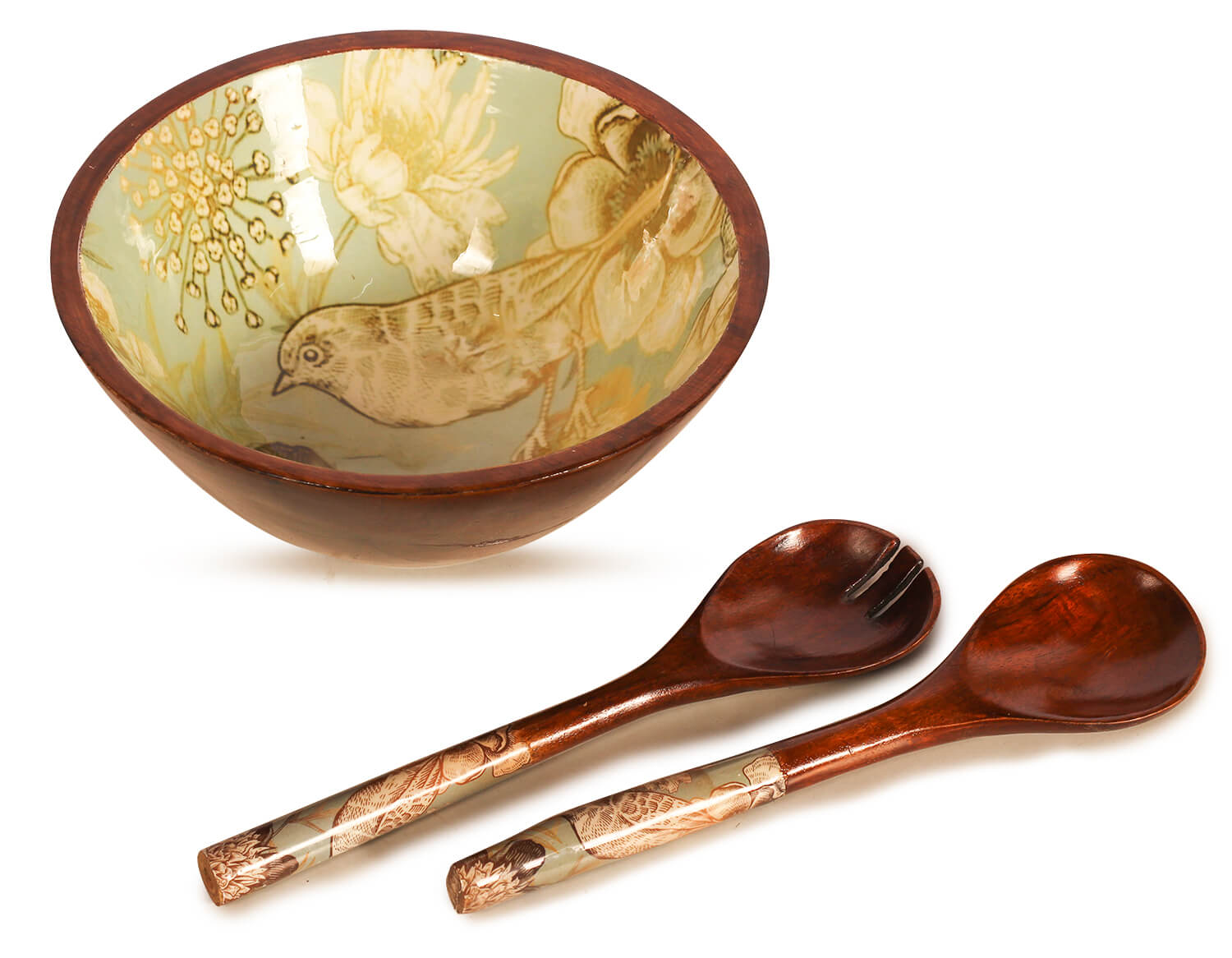 ArtistryBazaar 2.5"HX7.5"W handmade wooden dry fruit serving snacks bowl with decaling print  with 2 stapula bird enamel design for home office kitchen 