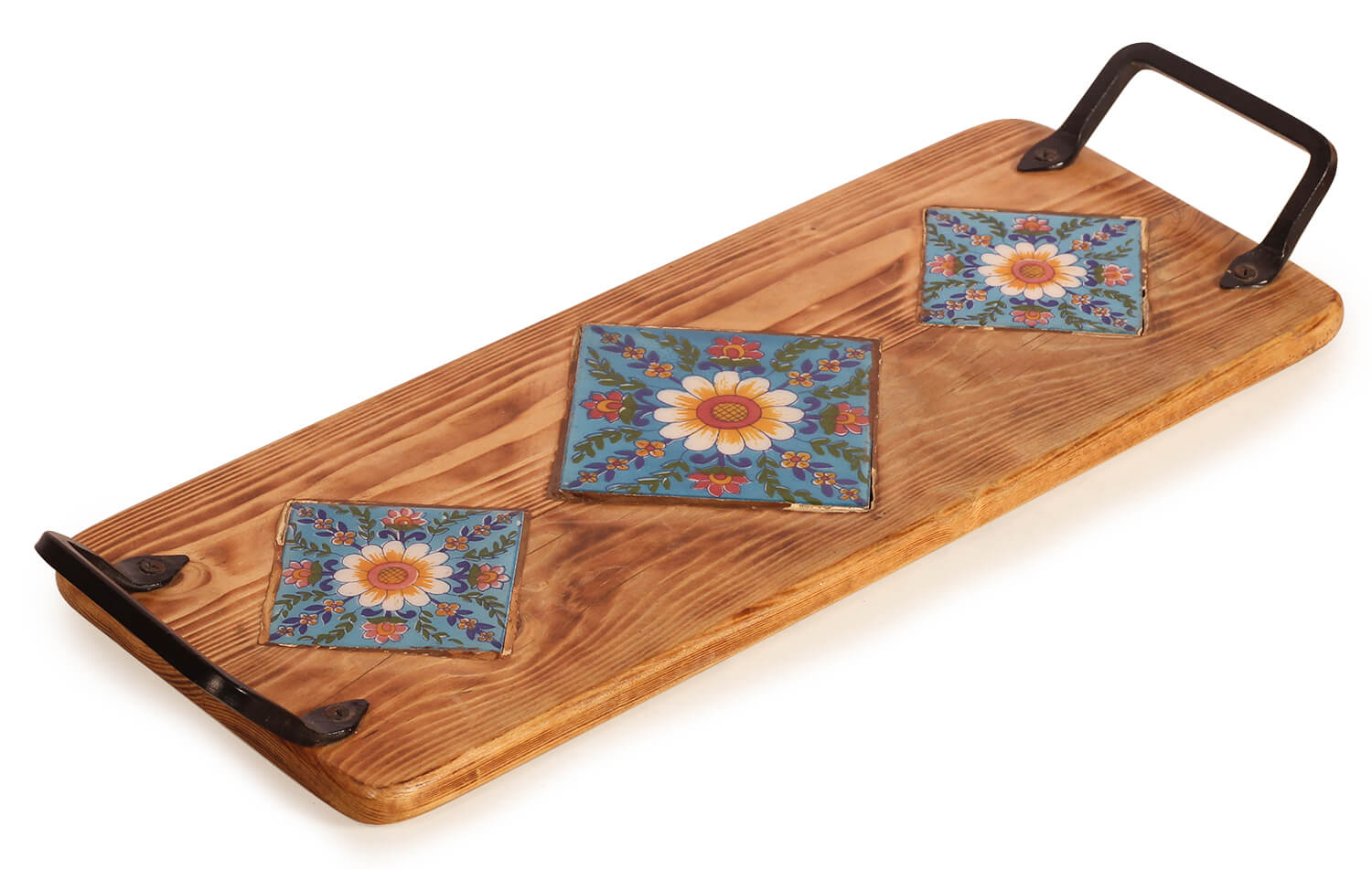 ArtistryBazaar 2"HX7" handmade wooden tray with cermaic diagonal inside floral tiles two handles for serving board appetizers cheese , deserts, exquiaite food  display for home kitchen resturant 