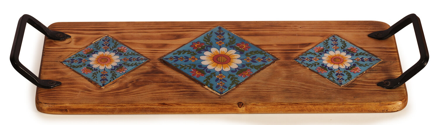 ArtistryBazaar 2"HX7" handmade wooden tray with cermaic diagonal inside floral tiles two handles for serving board appetizers cheese , deserts, exquiaite food  display for home kitchen resturant 