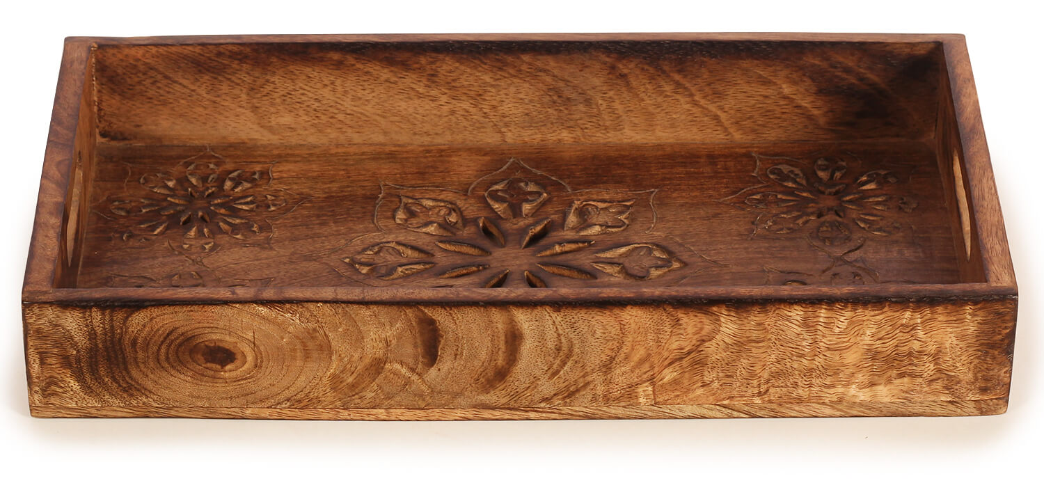 ArtistryBazaar 2"HX8"W handmade wooden elegant tray with jali leaf flower design fruit food drinks serving tray for dining home office resturant table