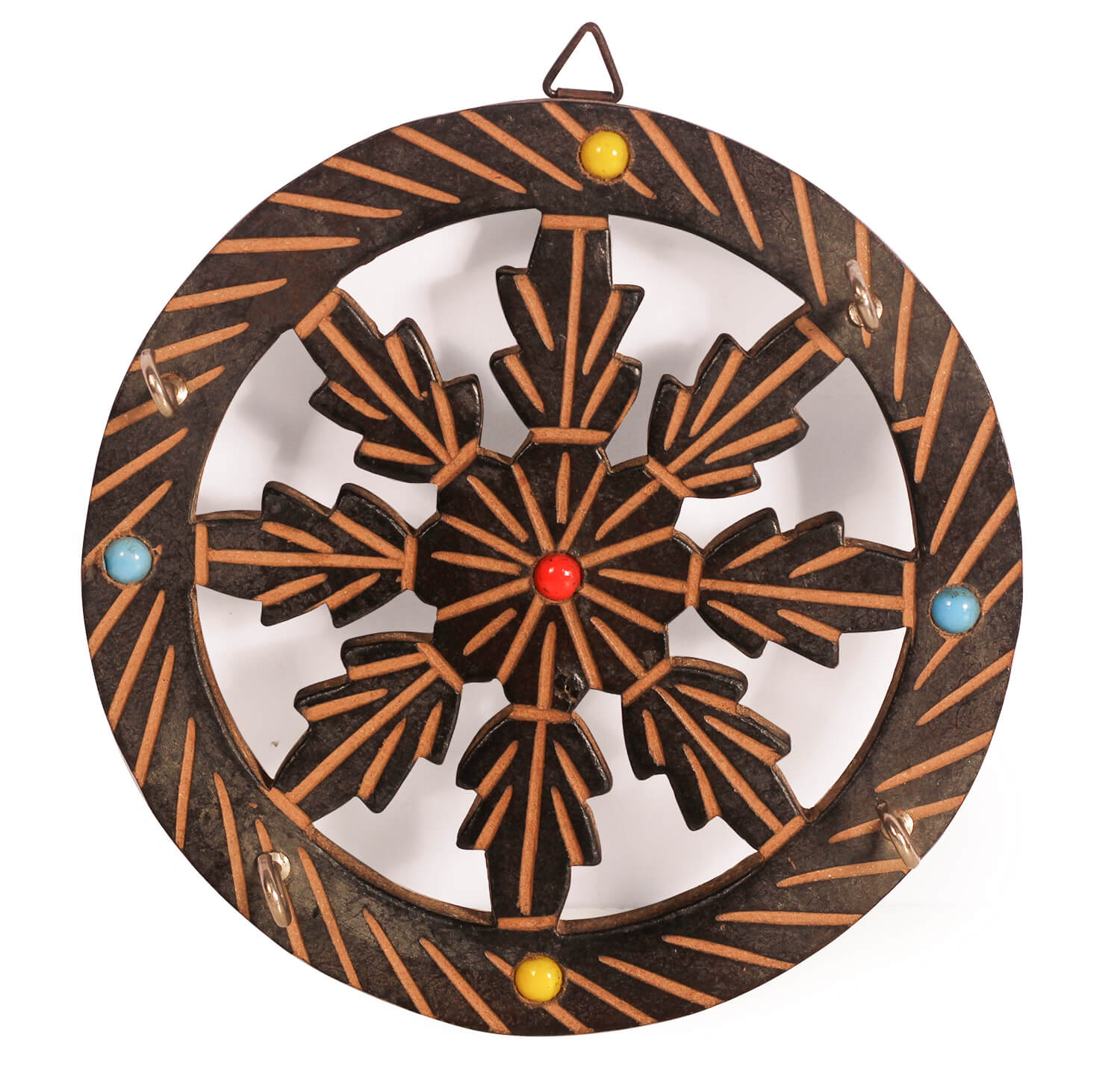 ArtistryBazaar 6.5"H X 0.2"W wooden  handcrafted round wheel   key hanger holder with 4 hooks colourful beads for home office showpiece wall décor