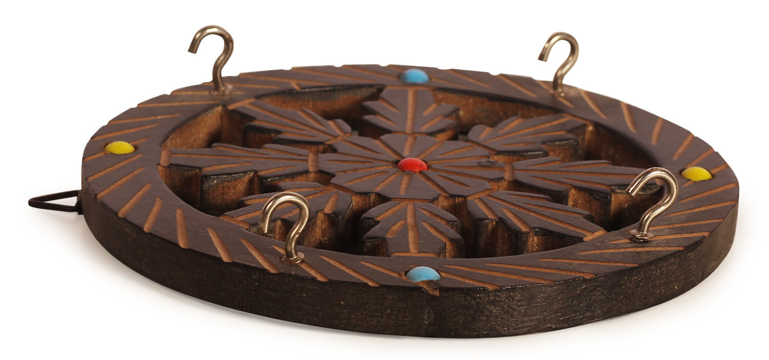 ArtistryBazaar 6.5"H X 0.2"W wooden  handcrafted round wheel   key hanger holder with 4 hooks colourful beads for home office showpiece wall décor