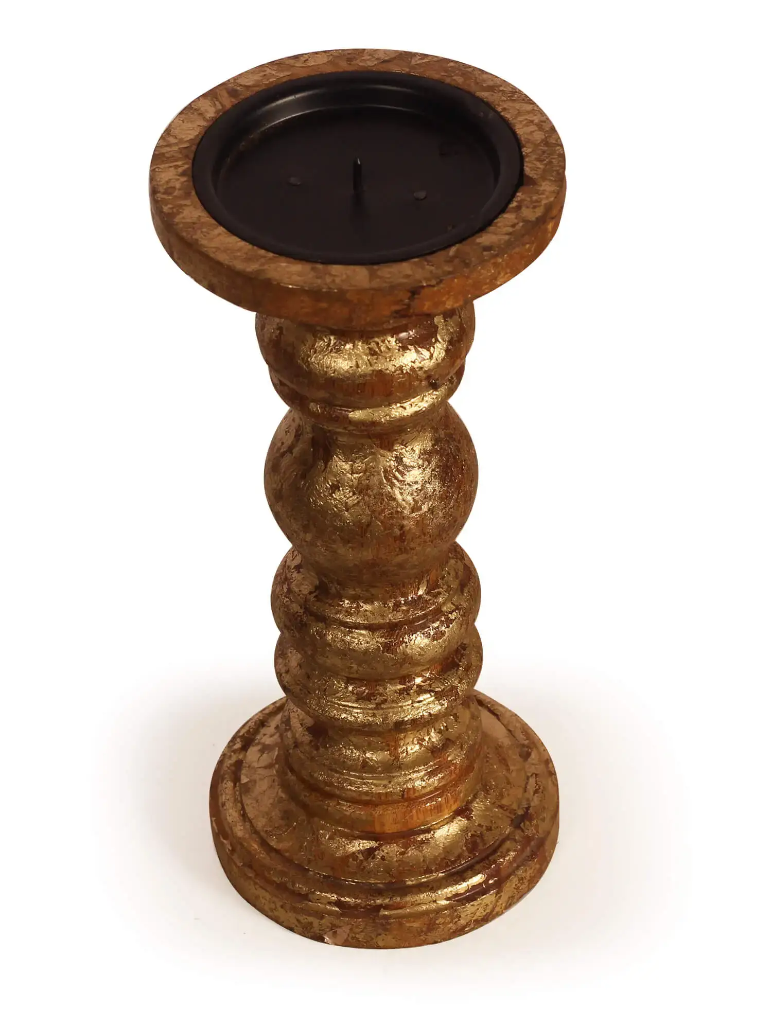 ArtistryBazaar 9"HX 4"W handmade wood golden candle tea light   pillar holder stand for home décor
