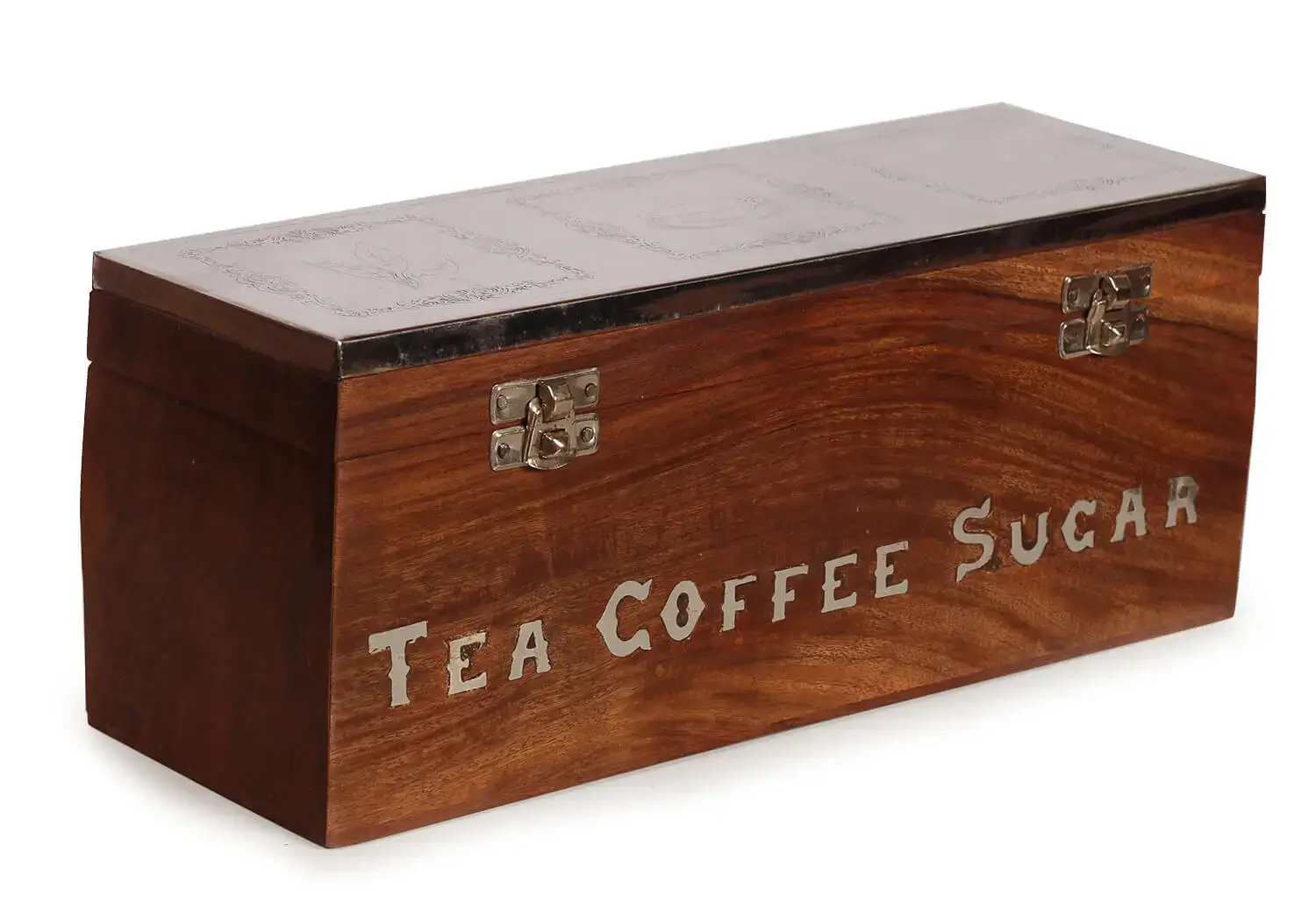 ArtistryBazaar 5"Hx4"W handcarved wooden rectangle tea sugar coffee ingredient box with label inside 3 components for kitchen