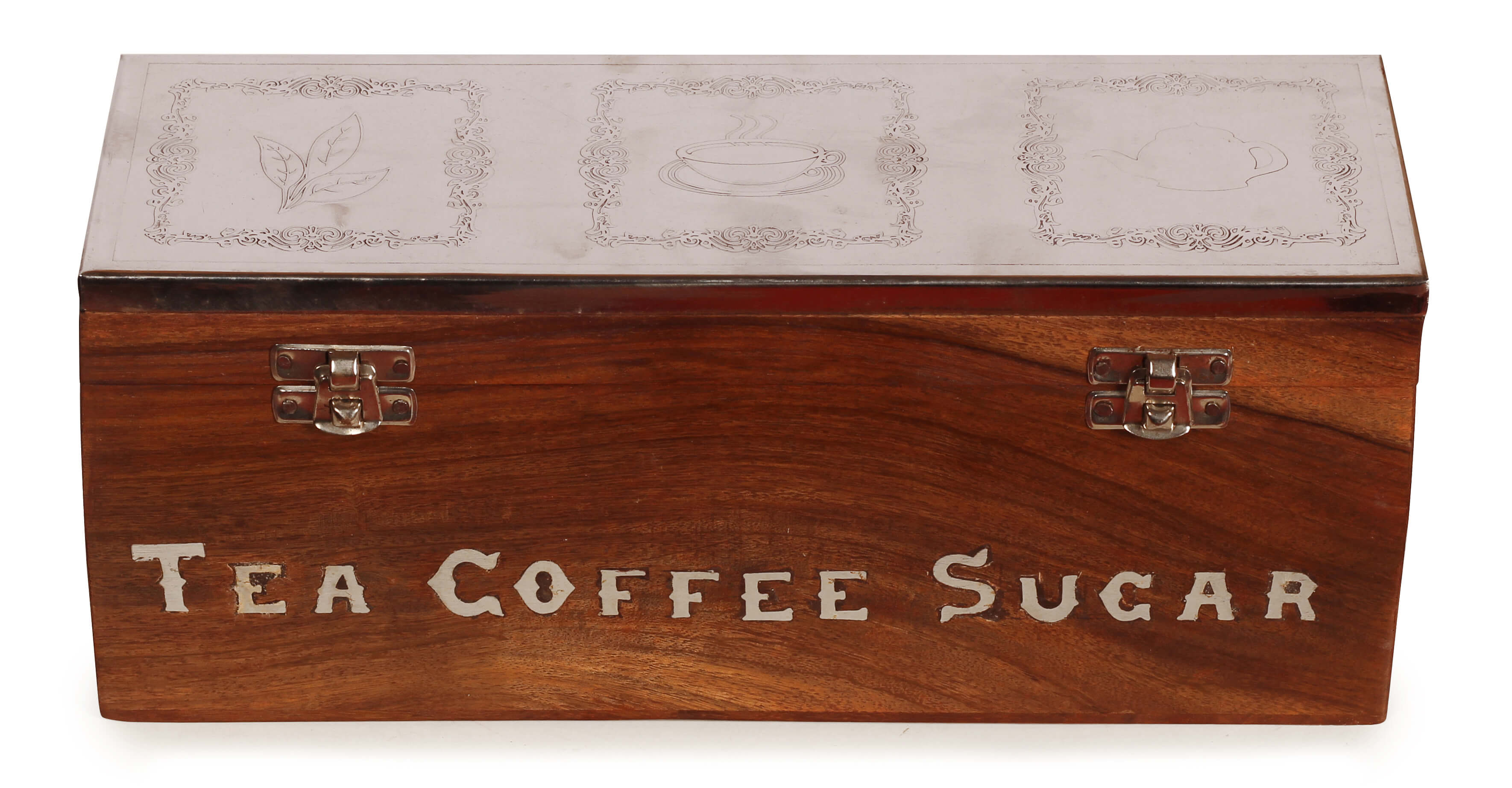 ArtistryBazaar 5"Hx4"W handcarved wooden rectangle tea sugar coffee ingredient box with label inside 3 components for kitchen