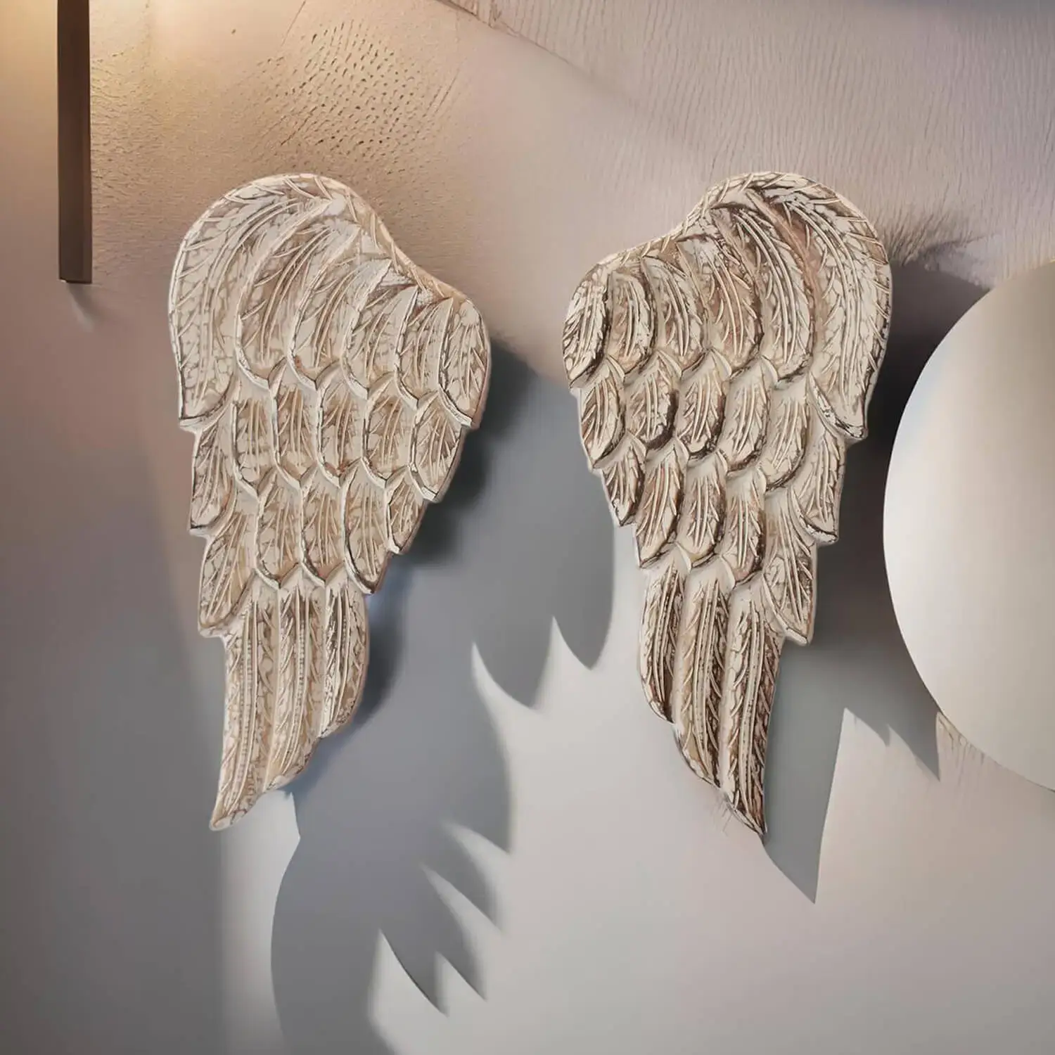 20 Inch Large Wall Mounted Hanging Angel Flying Wing Pair in Wood With White Wash Finish Great for Home Decorations and Accents