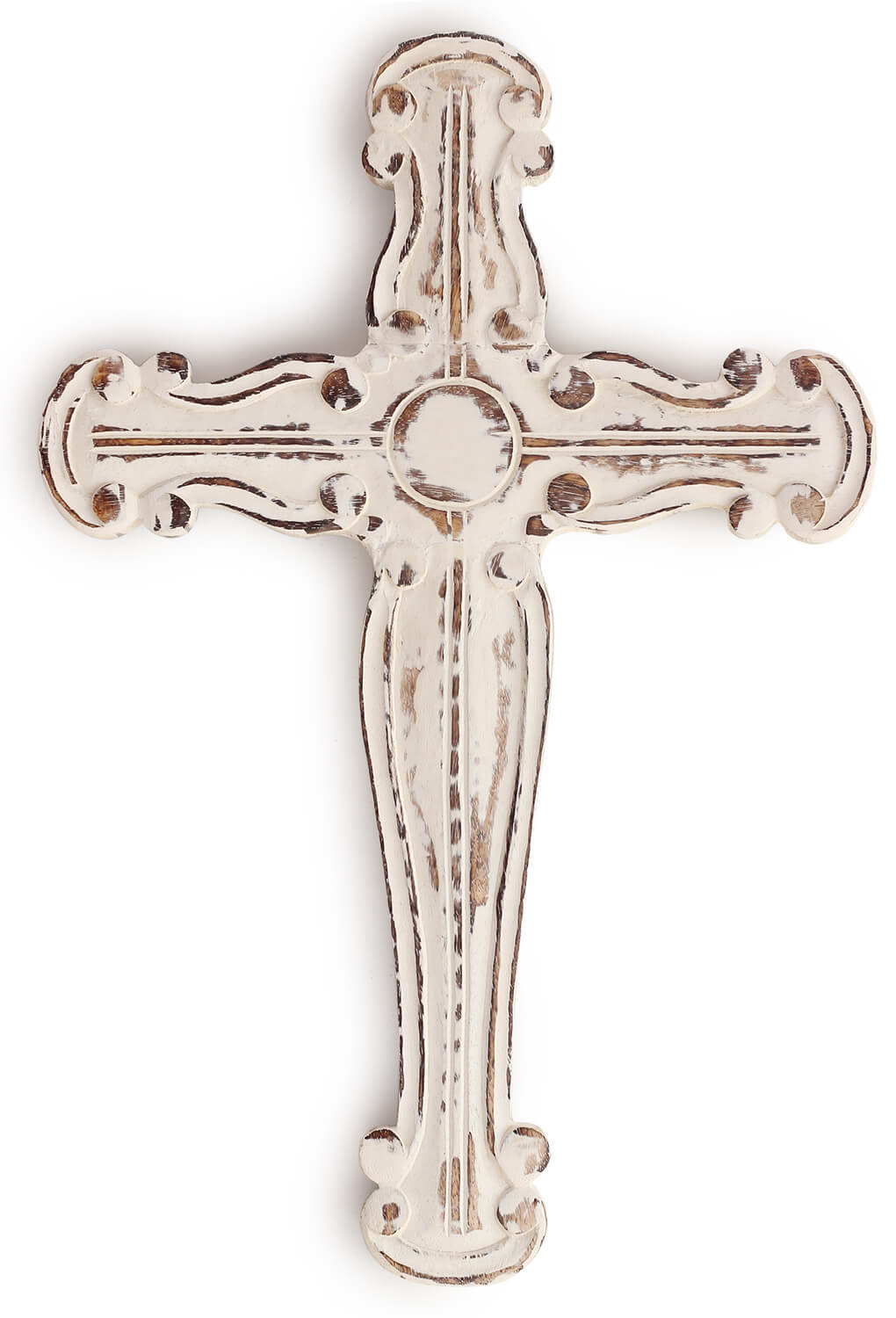 Bulk Wholesale Hand-Carved Wood Wall Hanging Cross in White Wash Finish – Artistic Wall Décor with Intricate Pattern