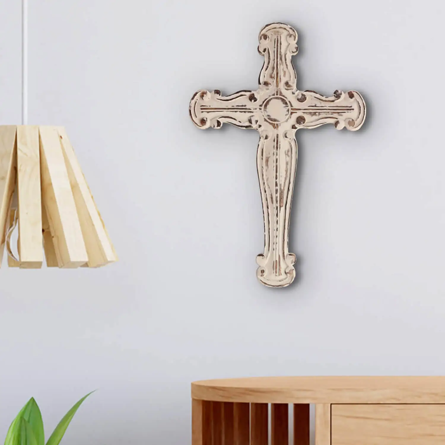 Bulk Wholesale Hand-Carved Wood Wall Hanging Cross in White Wash Finish – Artistic Wall Décor with Intricate Pattern