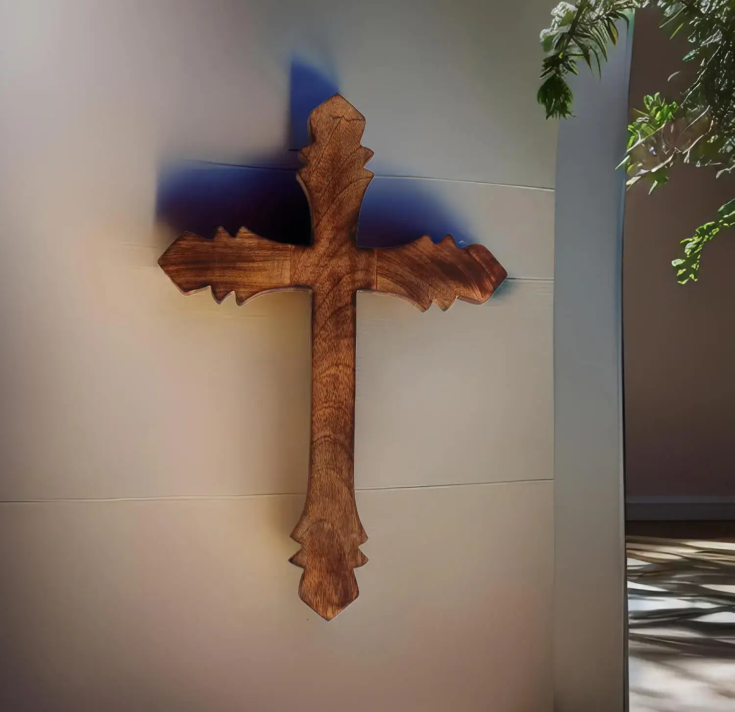 Bulk Wholesale Hand-Carved Wood Wall Hanging Cross in Burned Finish – Artistic Wall Décor with Leafy Pattern