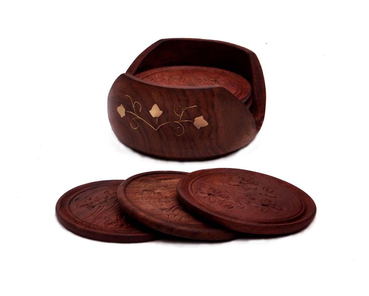 Buy in Bulk Wholesale Wooden Drink Coasters - Handmade Retro Wood Coaster Set with 6 Round Table Coasters & Decorative Wooden Holder