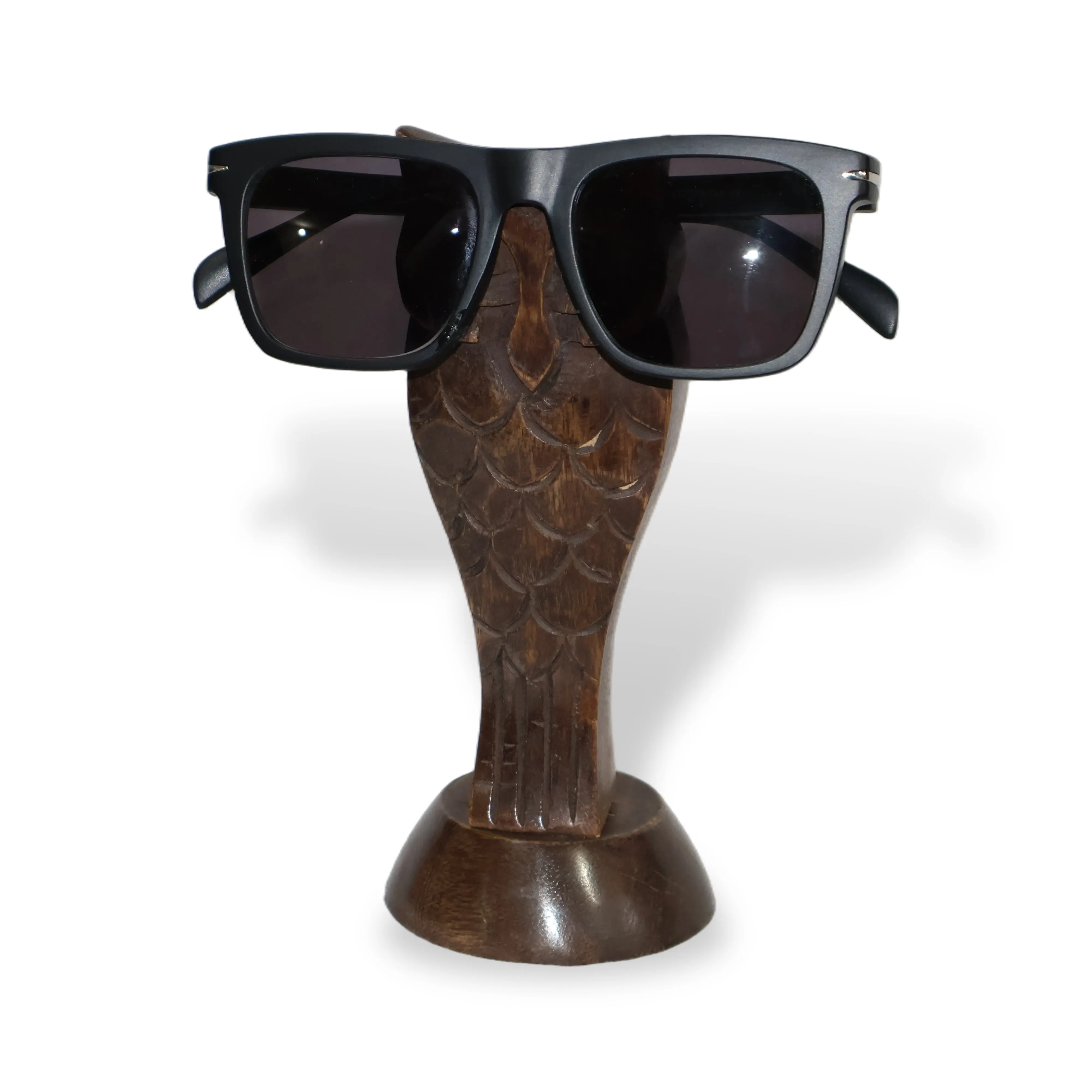 ArtistryBazaar 3"L x 3"W x 7"H inch handmade wooden owl-like spectacle holder, dark brown shade with glossy surface, decorative, sturdy, and fancy glasses stand for your home, desk, or office!