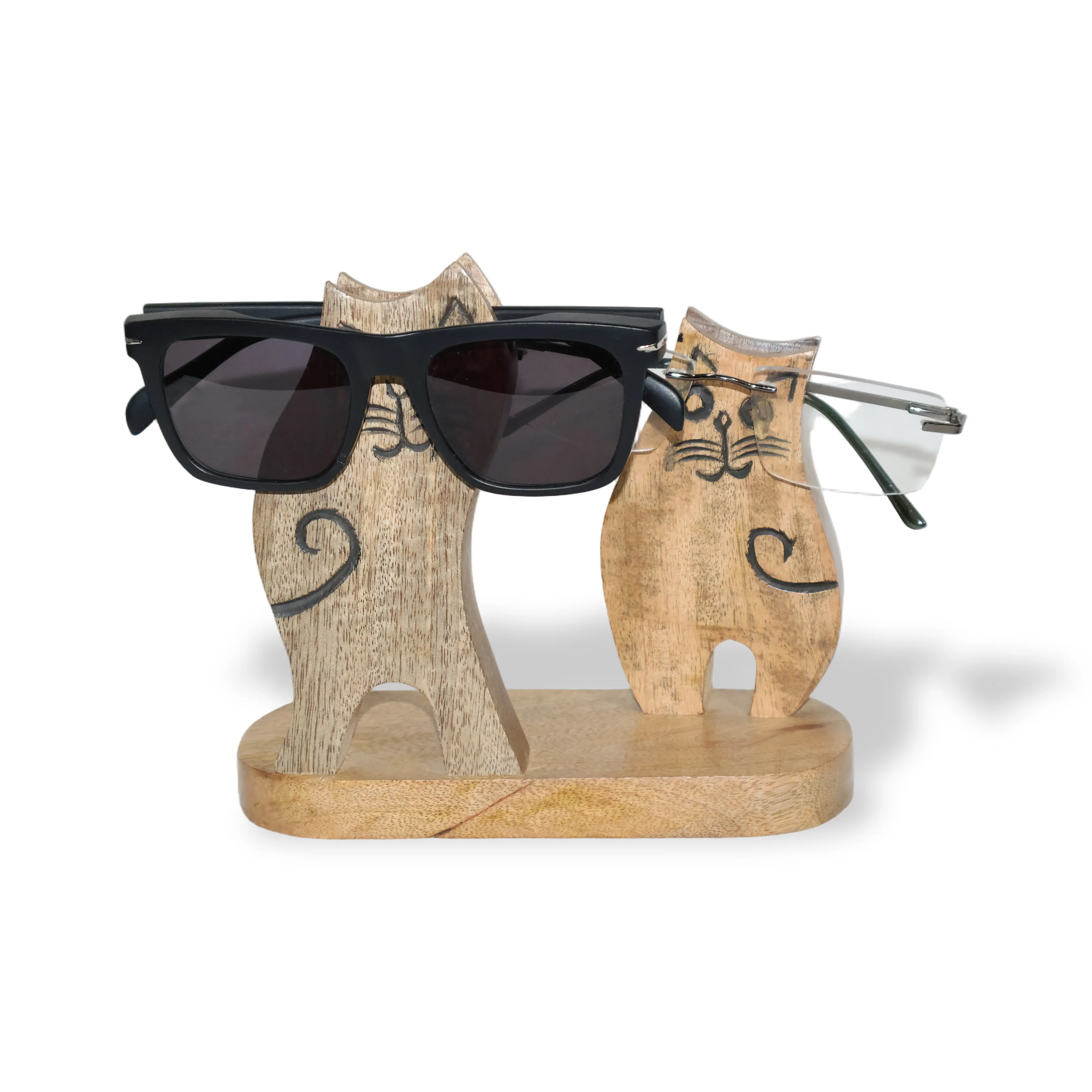 ArtistryBazaar 7"L x 3"W x 6.2"H inch 100% handmade & handpainted wooden spectacle holder in cat design, natural wood finish, suitable for your desk, nightstand, or shelf.