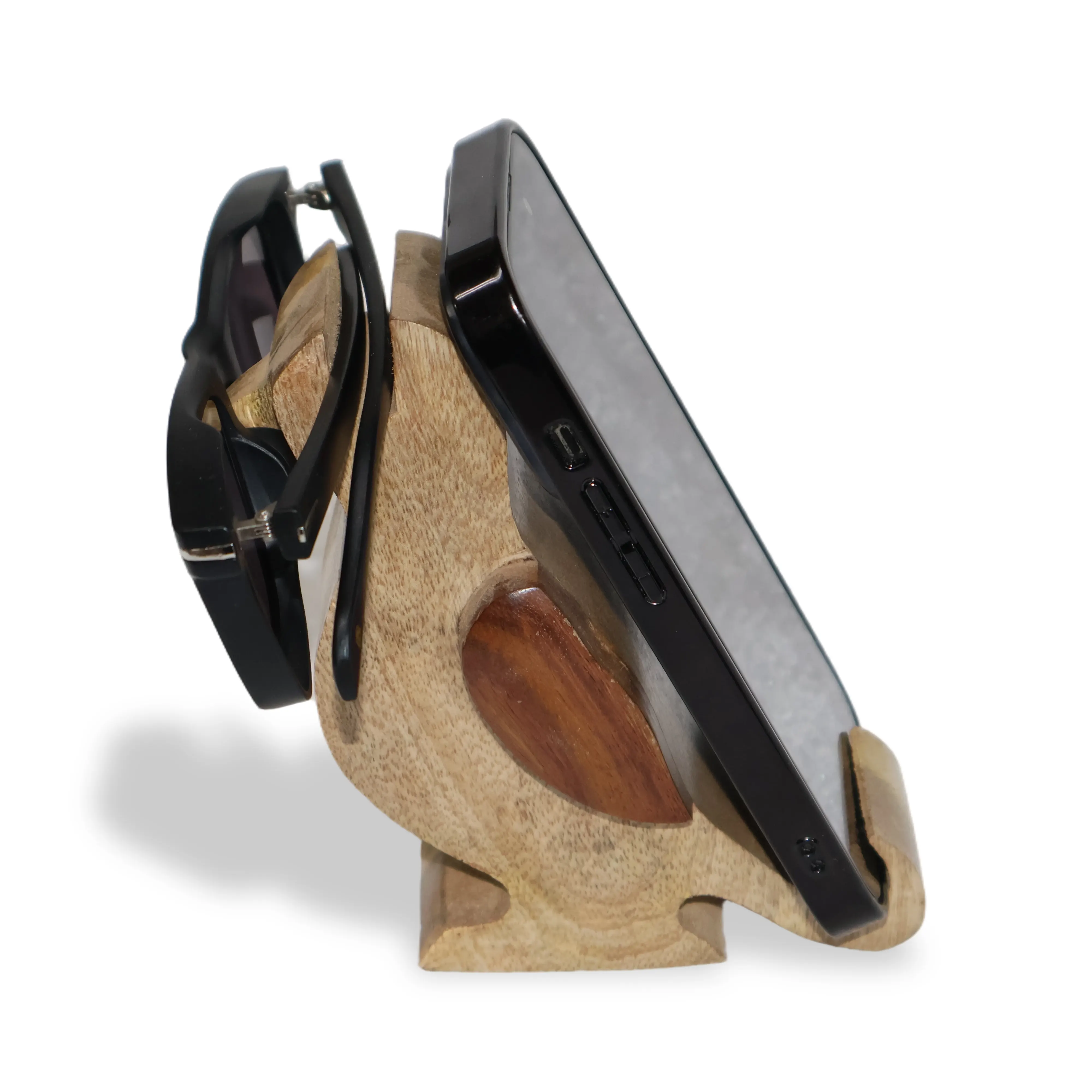 ArtistryBazaar 3.7"L x 1.5"W x 5.5"H inch wooden bird-shaped spectacle and phone holder, handmade organizer with brown wings, beak to perch your glasses and tail stand for your phone.