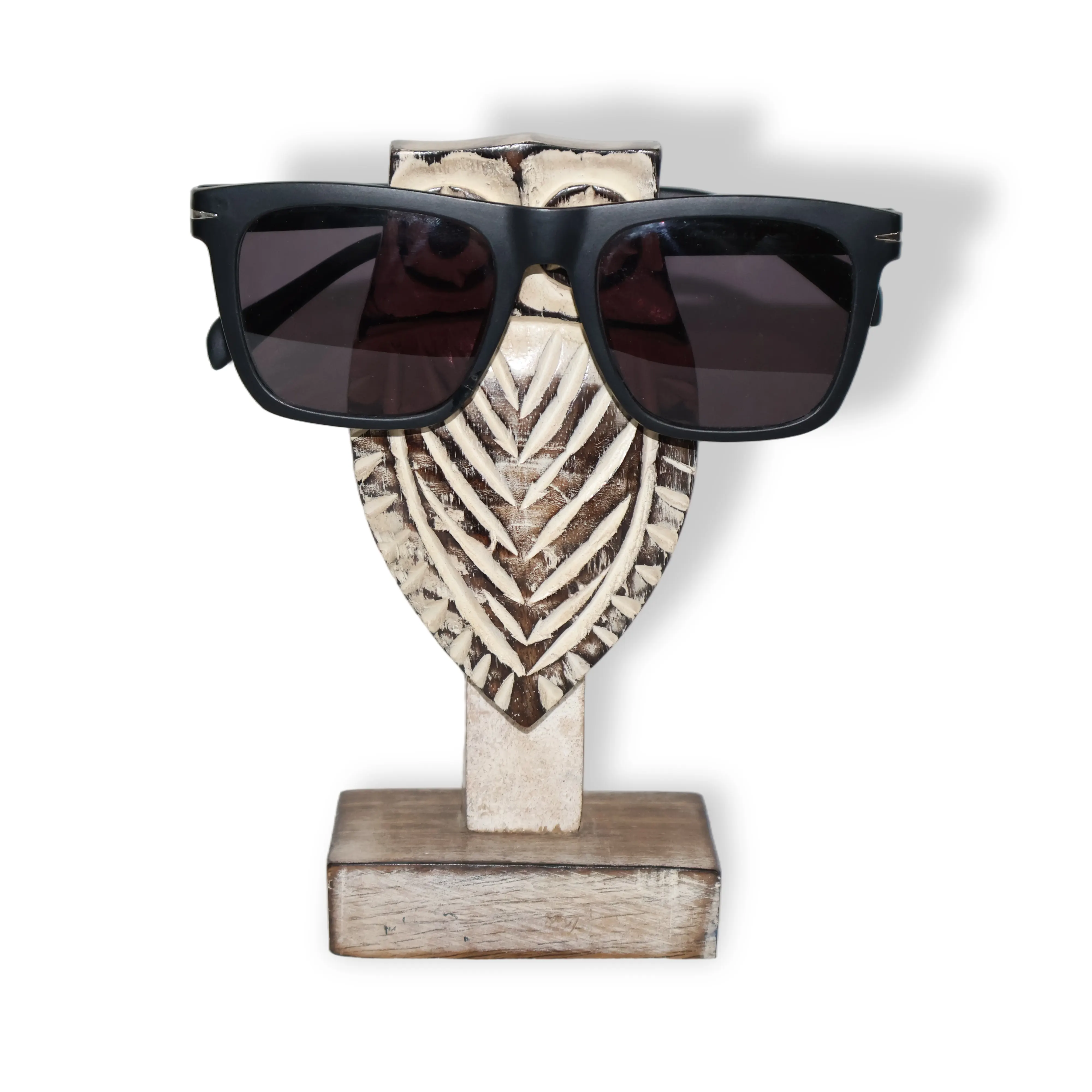 ArtistryBazaar 3.4"L x 2.2"W x 6.5"H inch handcrafted owl-shaped spectacle holder with distressed beige and brown finish, made for trendy and secure eyewear storage in homes and offices.