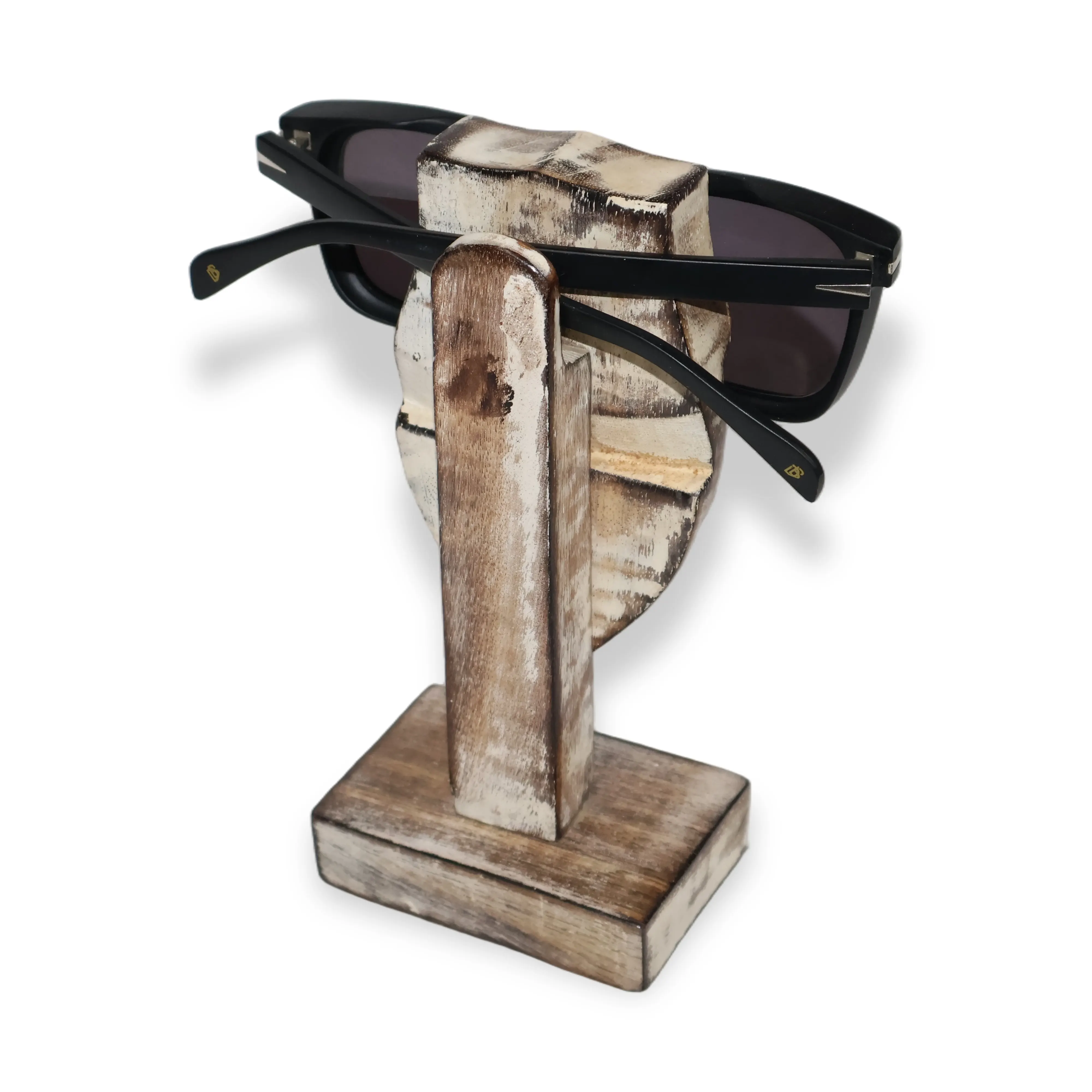 ArtistryBazaar 3.4"L x 2.2"W x 6.5"H inch handcrafted owl-shaped spectacle holder with distressed beige and brown finish, made for trendy and secure eyewear storage in homes and offices.