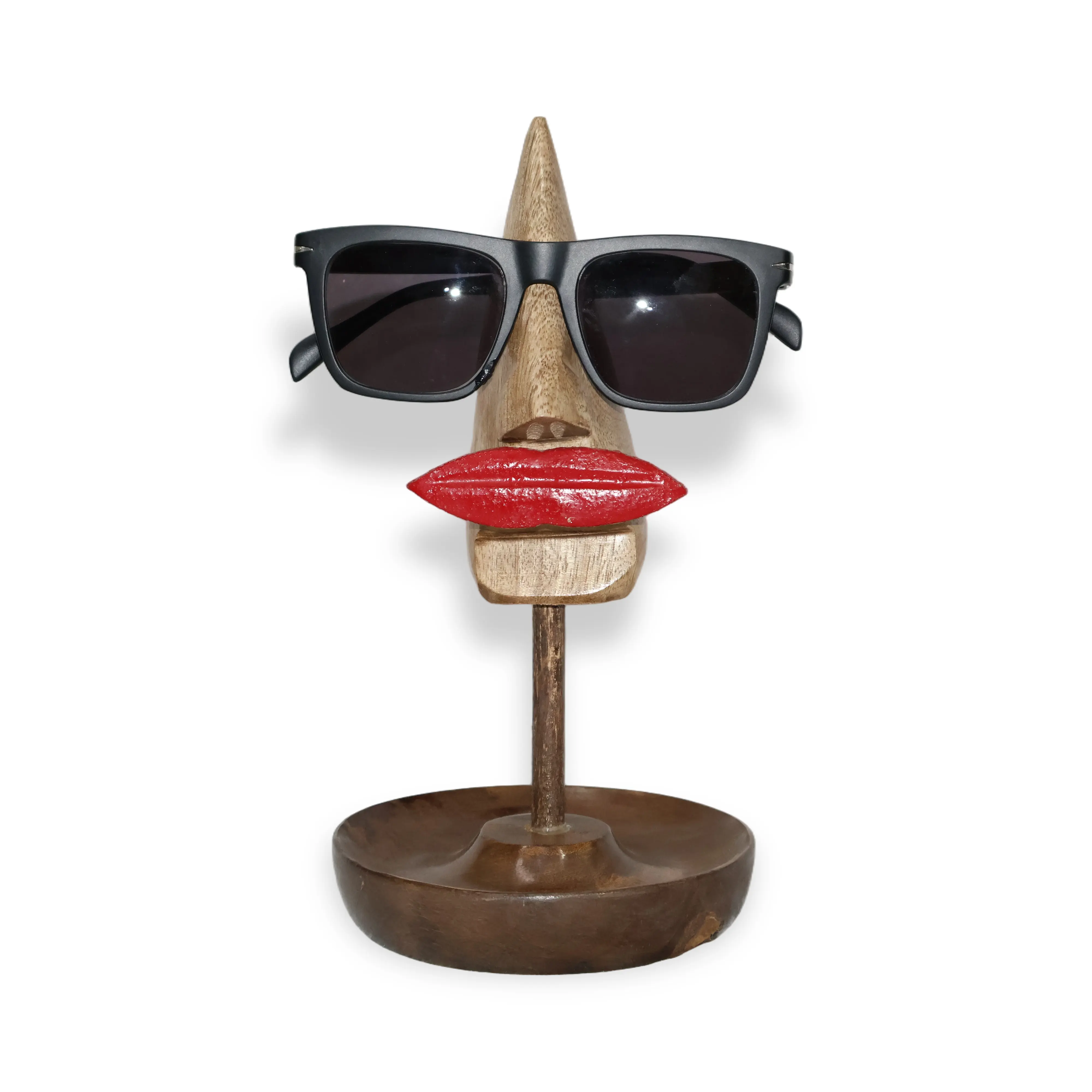 ArtistryBazaar 4.4"L x 4.4"W x 9.5"H inch wooden spectacle holder, light brown face design with red lips, tall handmade stand for keeping your specs pristine and within reach.