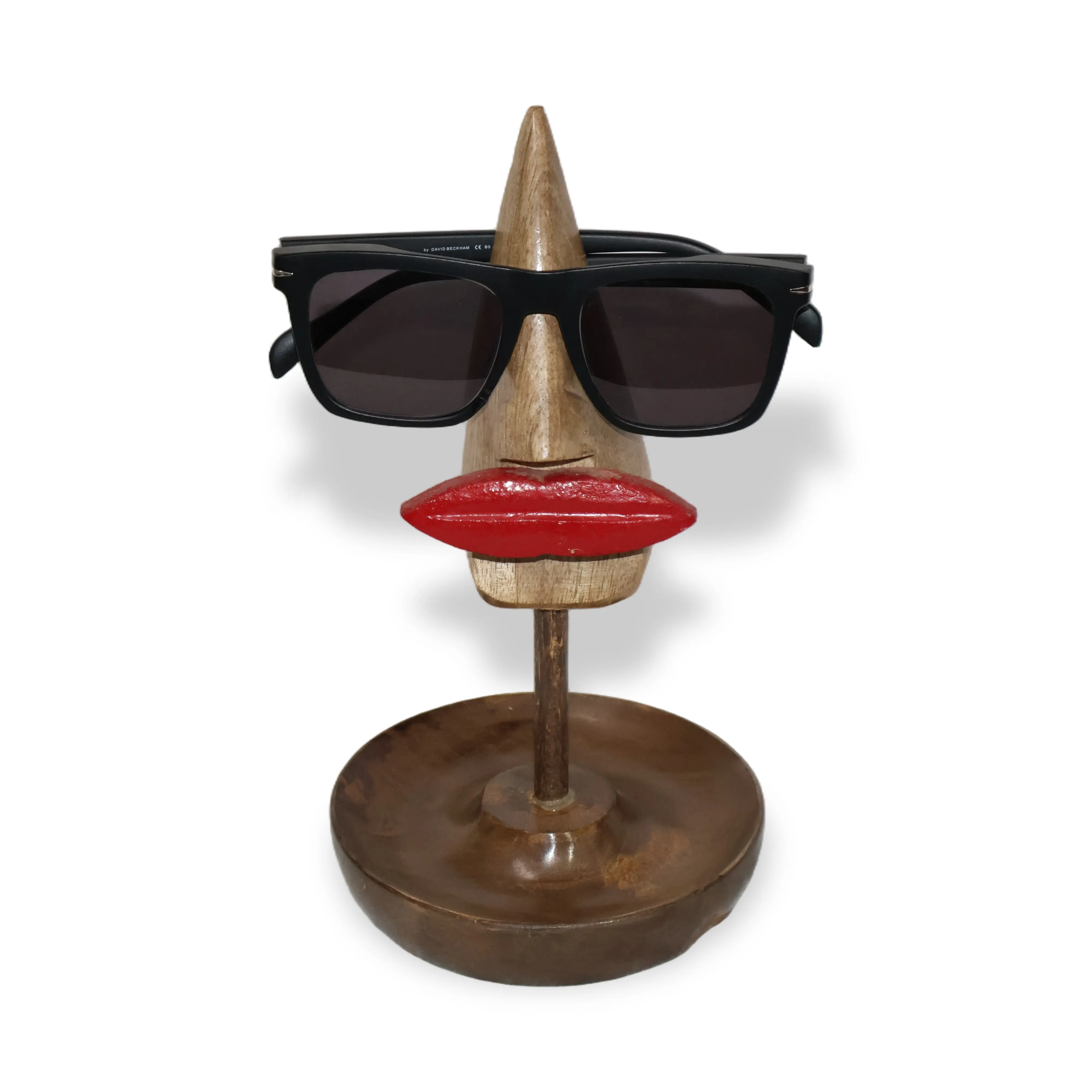ArtistryBazaar 4.4"L x 4.4"W x 9.5"H inch wooden spectacle holder, light brown face design with red lips, tall handmade stand for keeping your specs pristine and within reach.