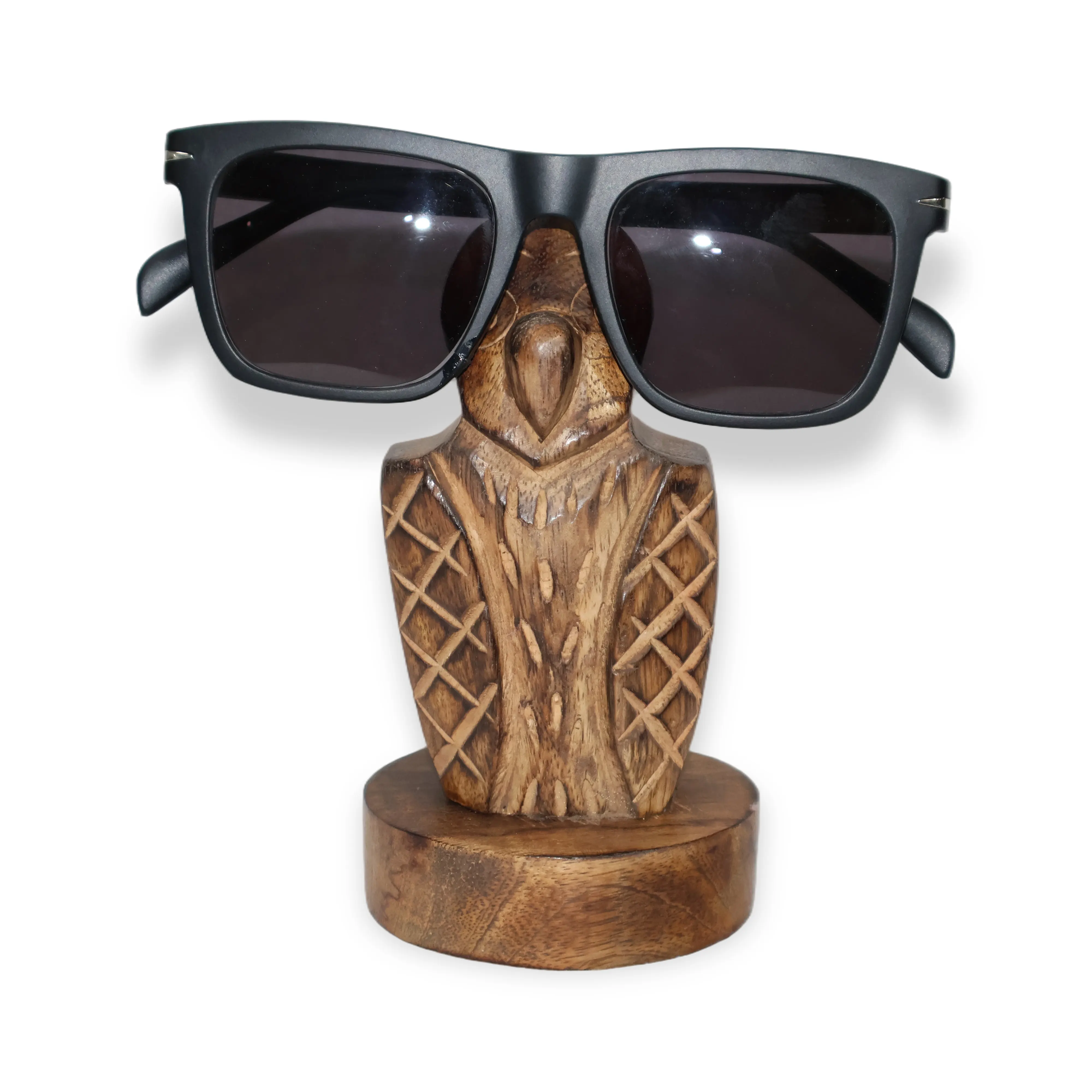 ArtistryBazaar 3.3"L x 3.3"W x 5"H inch handcrafted wooden owl-shaped spectacle holder, quirky design with detailed carvings and a stable round base for ultimate utility and decor!