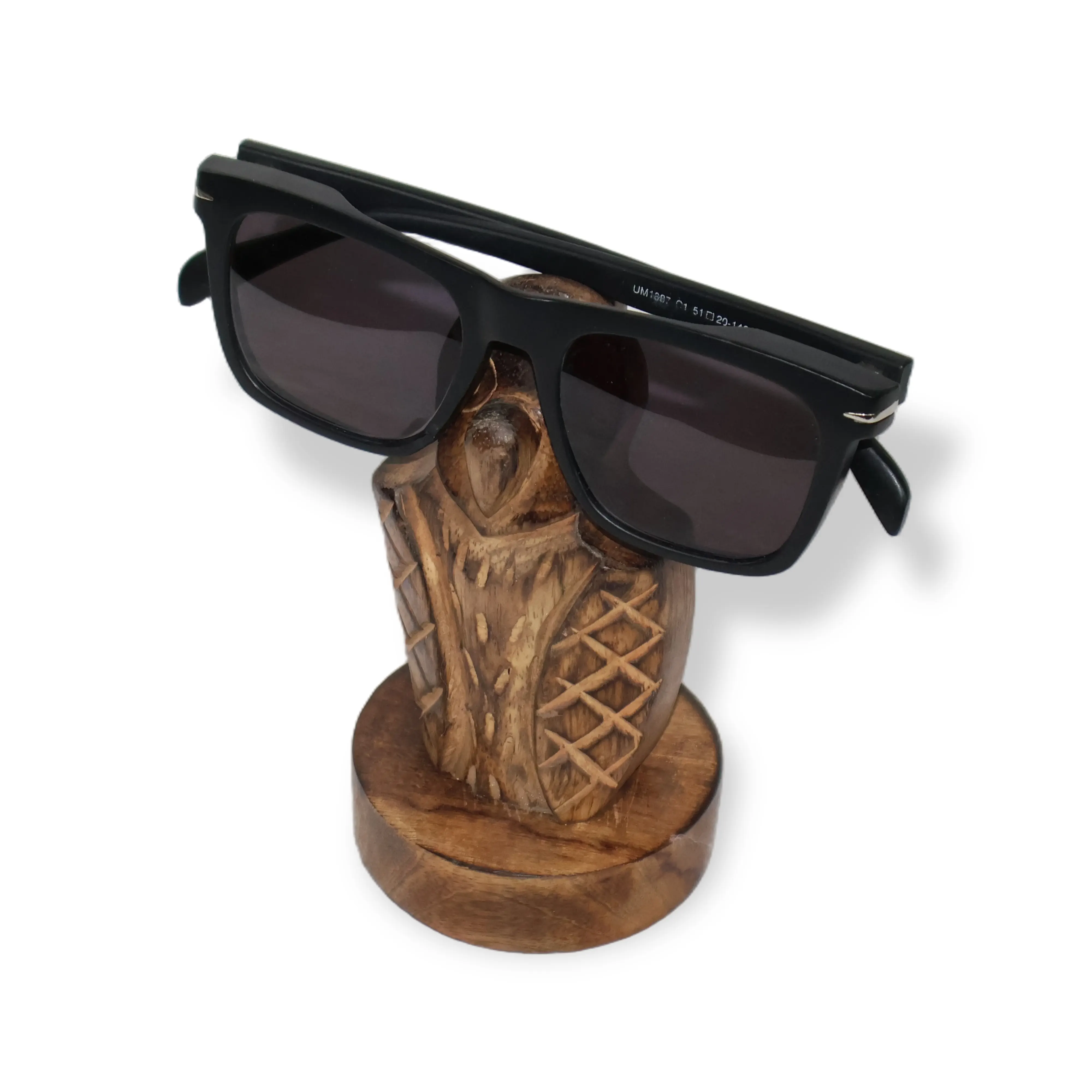 ArtistryBazaar 3.3"L x 3.3"W x 5"H inch handcrafted wooden owl-shaped spectacle holder, quirky design with detailed carvings and a stable round base for ultimate utility and decor!