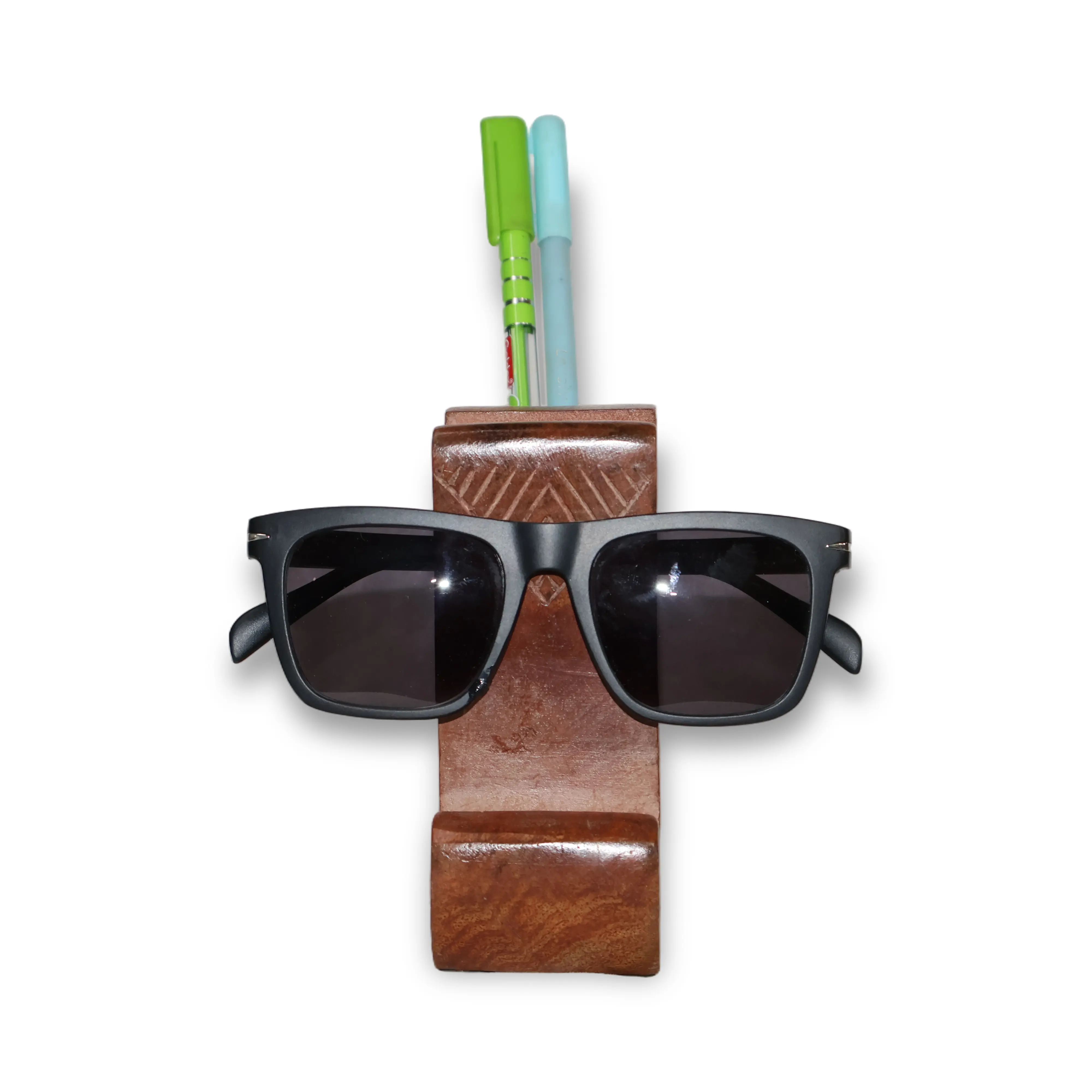 ArtistryBazaar 6.4"L x 4"W x 5"H inch handmade multipurpose spectacle, pen & mobile holder, made of superior quality wood, abstract design, glossy rich brown coating with shine.