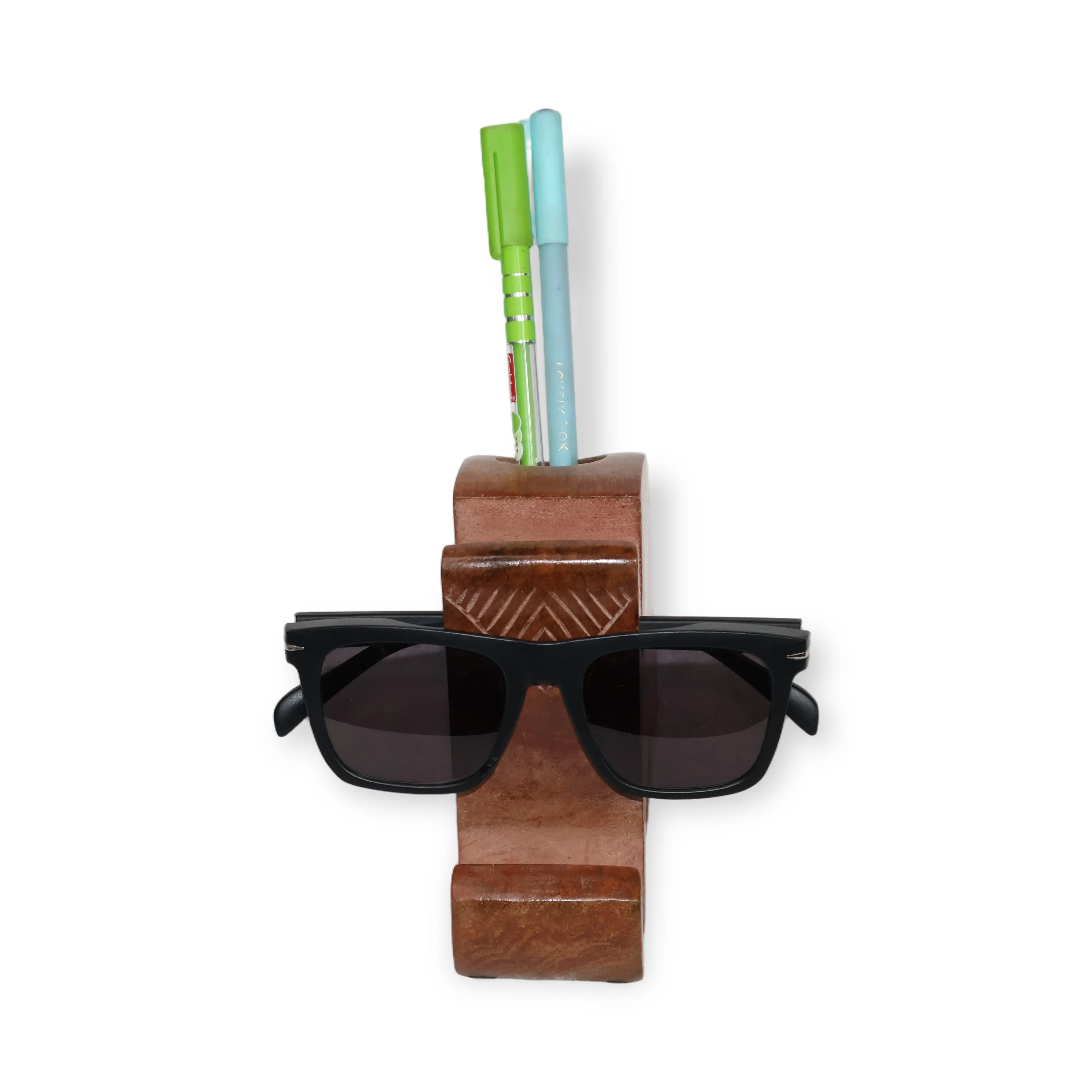 ArtistryBazaar 6.4"L x 4"W x 5"H inch handmade multipurpose spectacle, pen & mobile holder, made of superior quality wood, abstract design, glossy rich brown coating with shine.