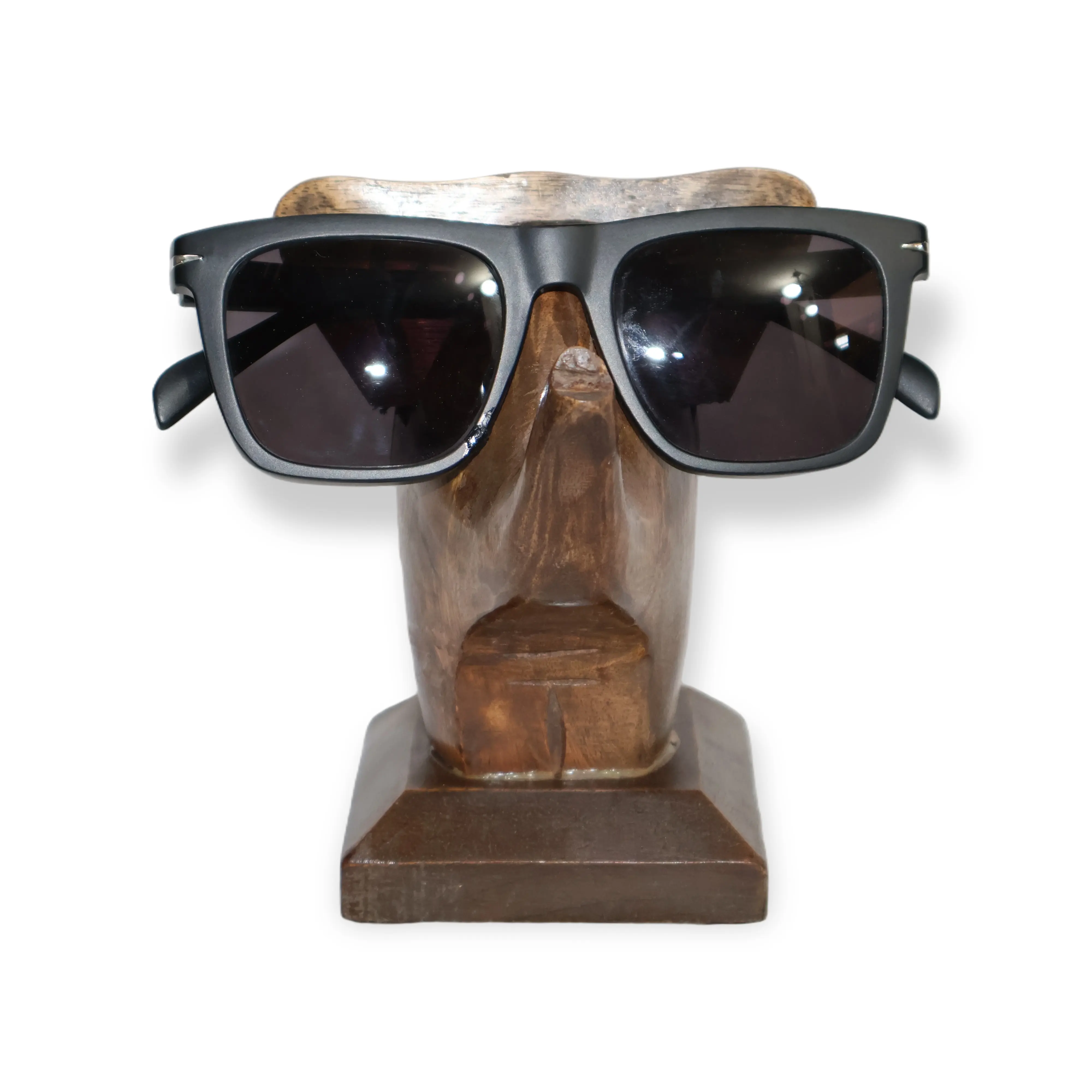 ArtistryBazaar 3.4"L x 3.4"W x 5.8"H inch handmade wooden spectacle holder, unique face design, polished dark brown finish, keeps your glasses safe and well-organized.