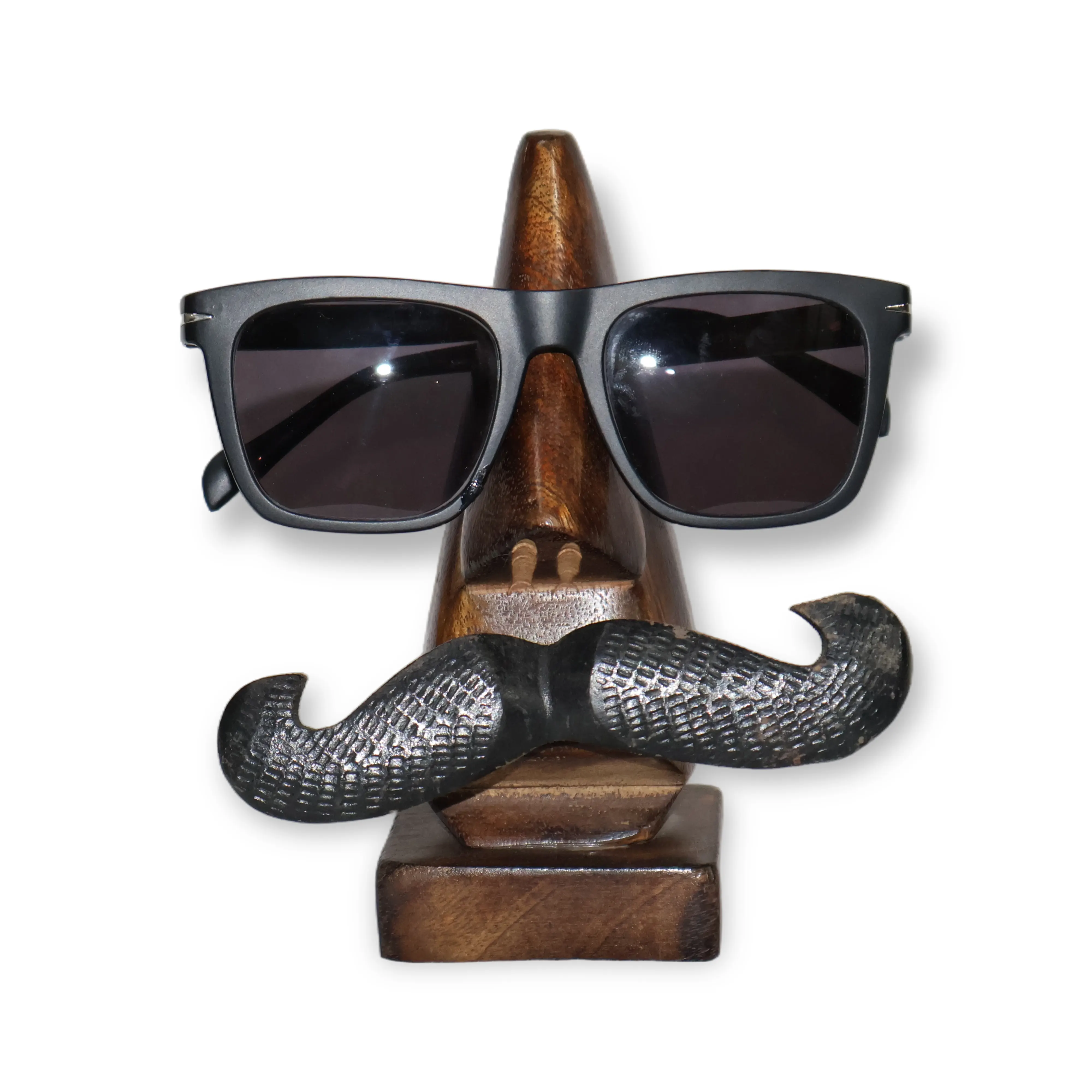 ArtistryBazaar 2.6"L x 2.6"W x 6.5"H inch handmade wooden nose-shaped spectacle holder, black mustache design with a hook on the back for secure glasses storage.