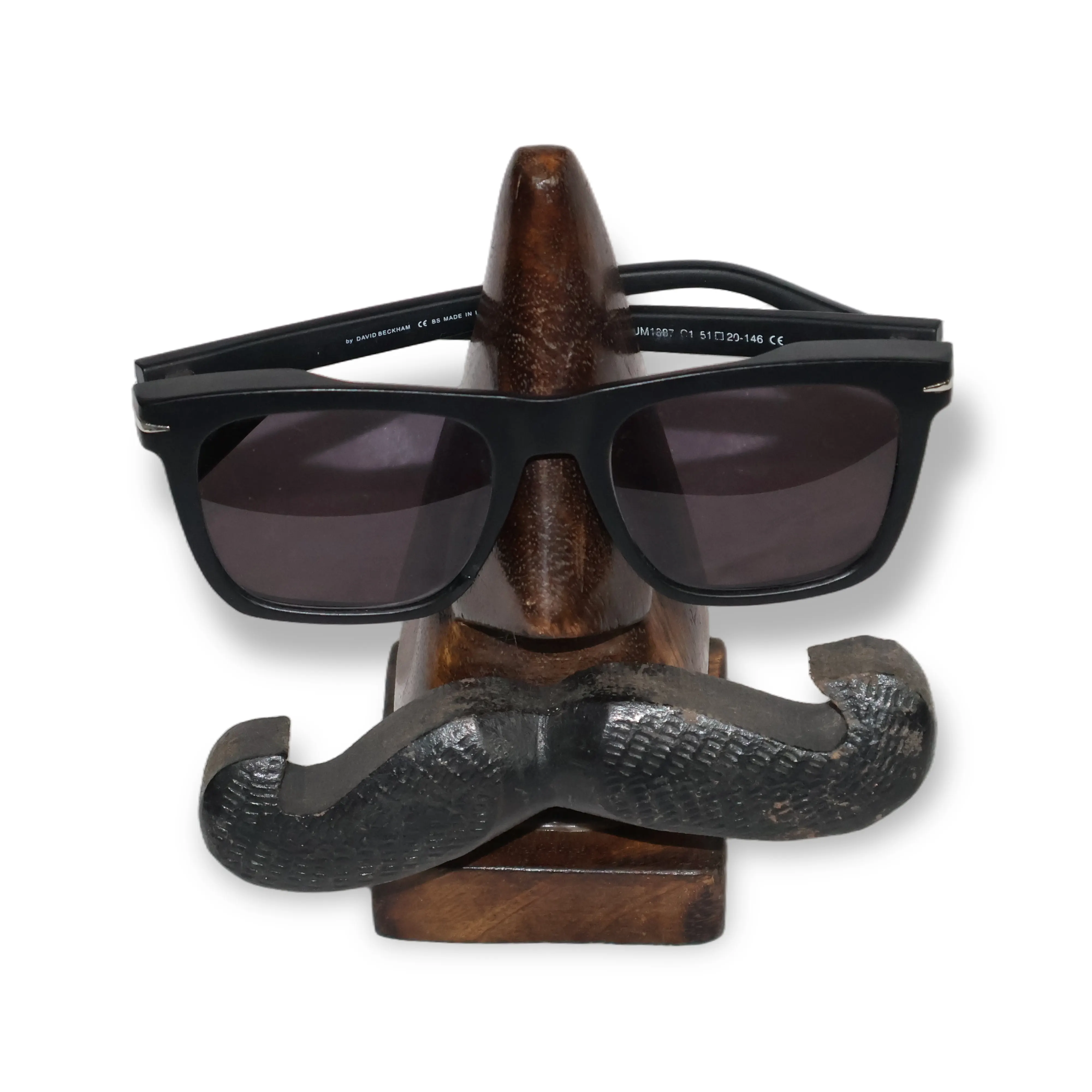 ArtistryBazaar 2.6"L x 2.6"W x 6.5"H inch handmade wooden nose-shaped spectacle holder, black mustache design with a hook on the back for secure glasses storage.