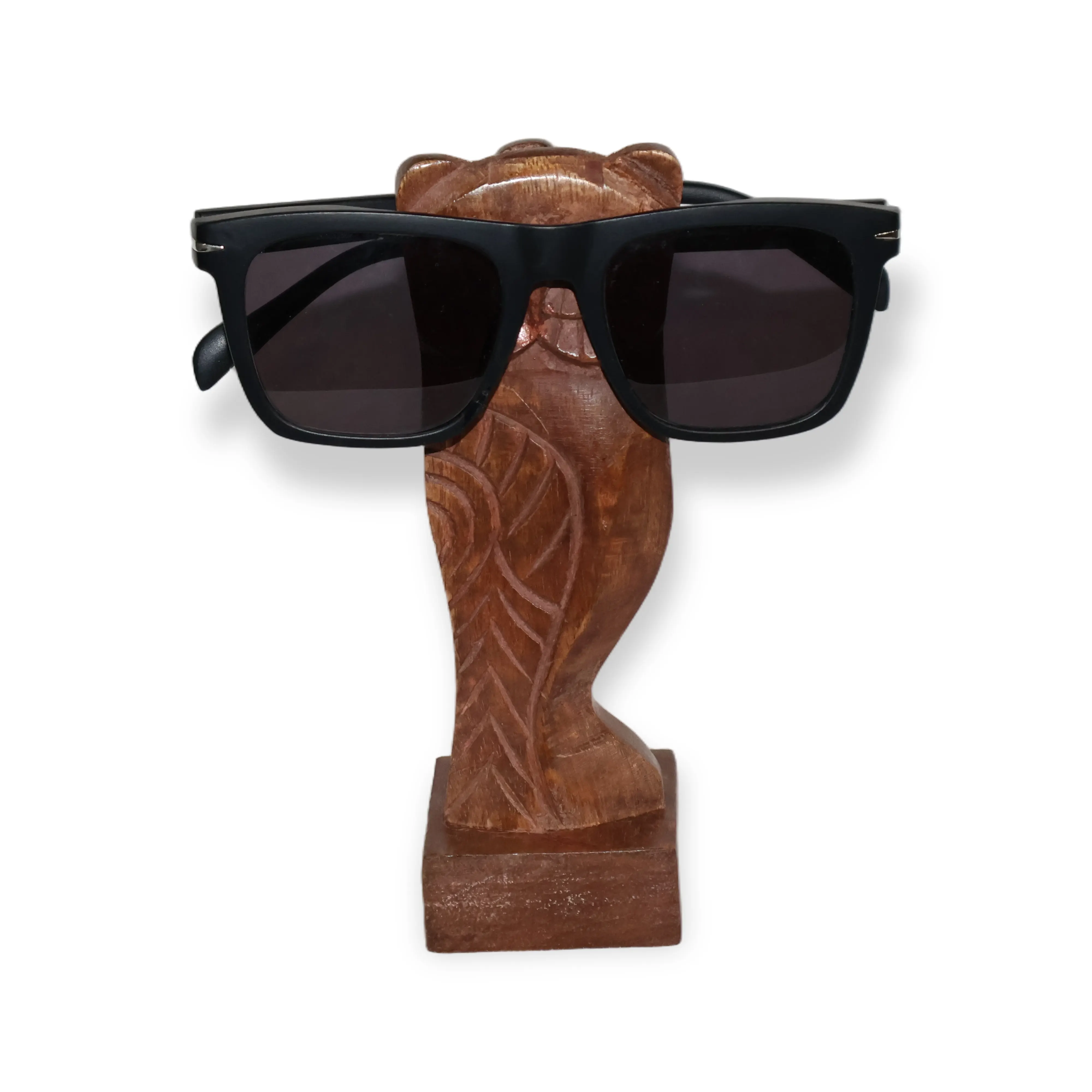 ArtistryBazaar 2"L x 2"W x 6.5"H inch handmade wooden owl figure spectacle holder, dark brown colored, back hook for glasses storage, and square base for stability.
